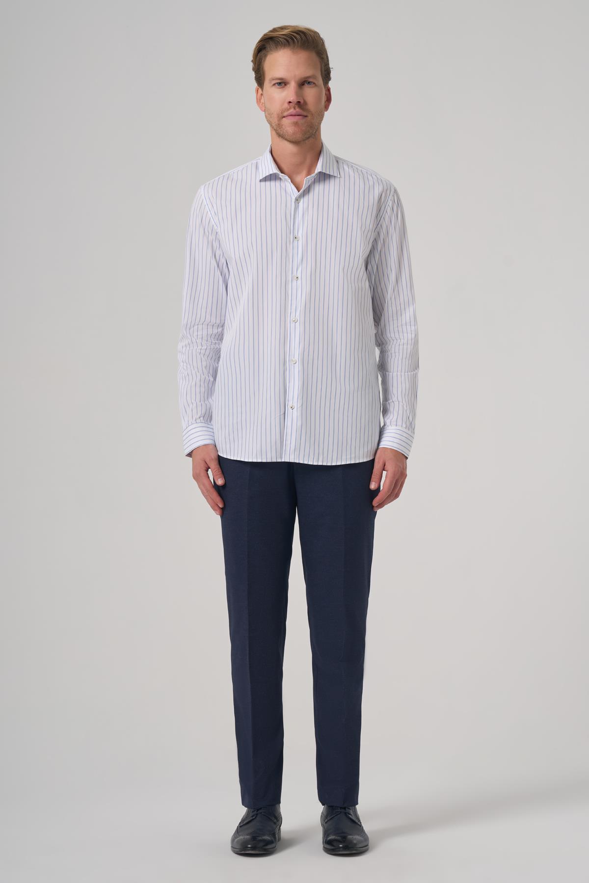 Morven Erkek A. MAVİ Pamuk Trend Çizgili Slim Fit Yarım İtalyan Yaka Gömlek