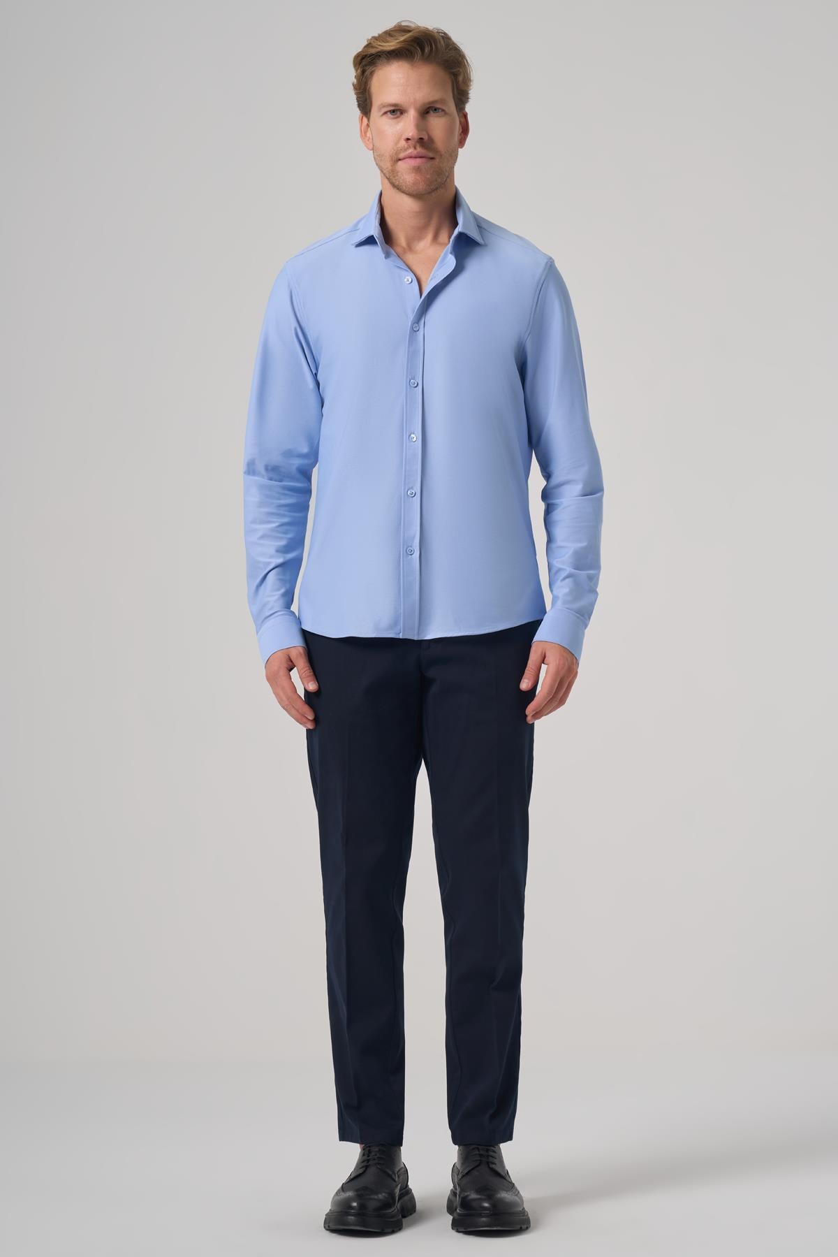 Morven Erkek A. MAVİ Trend Düz Slim Fit Tam İtalyan Yaka Gömlek