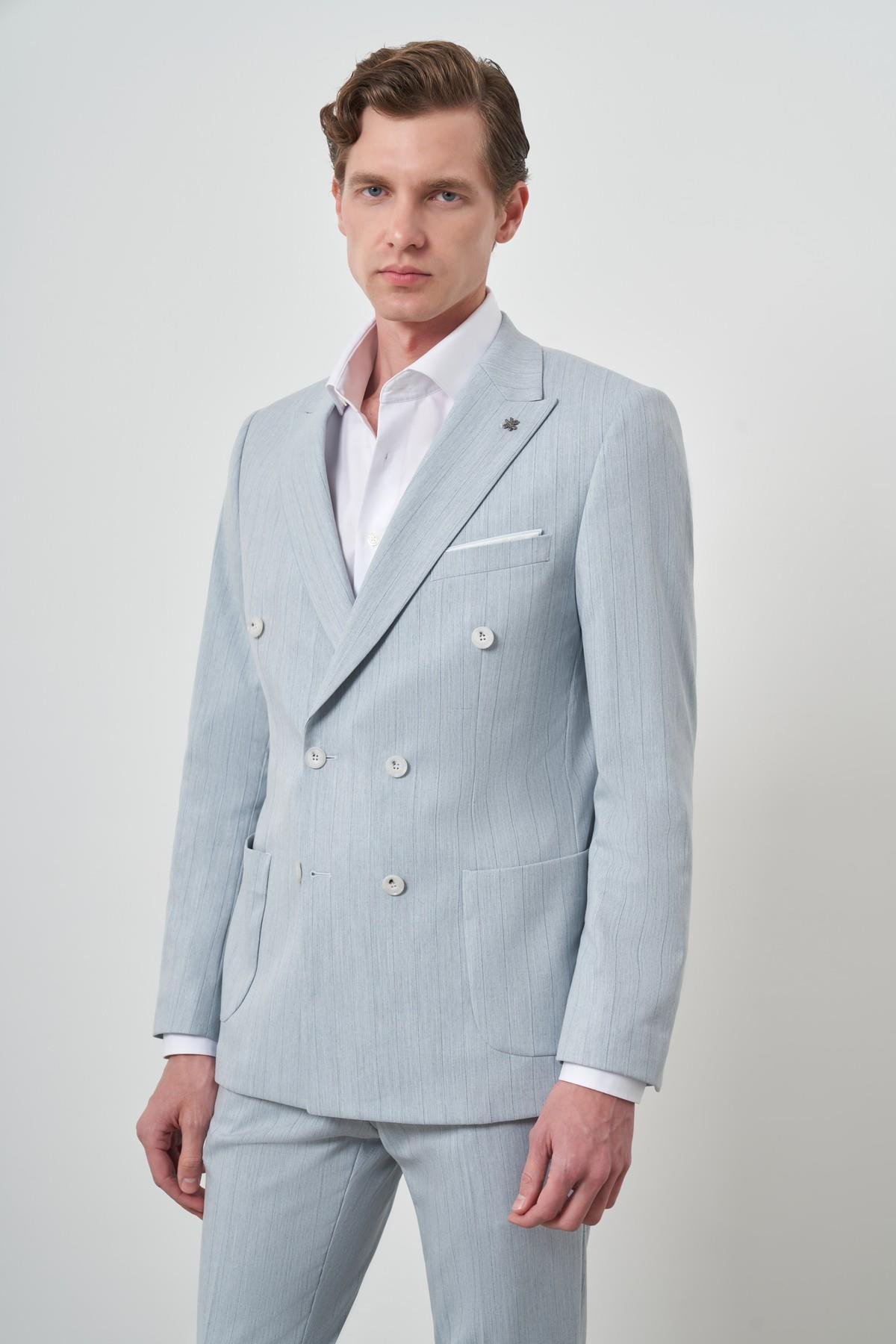 Morven Erkek A. MAVİ Çizgili Desen Kruvaze Slim Fit Sivri Yaka Takım Elbise