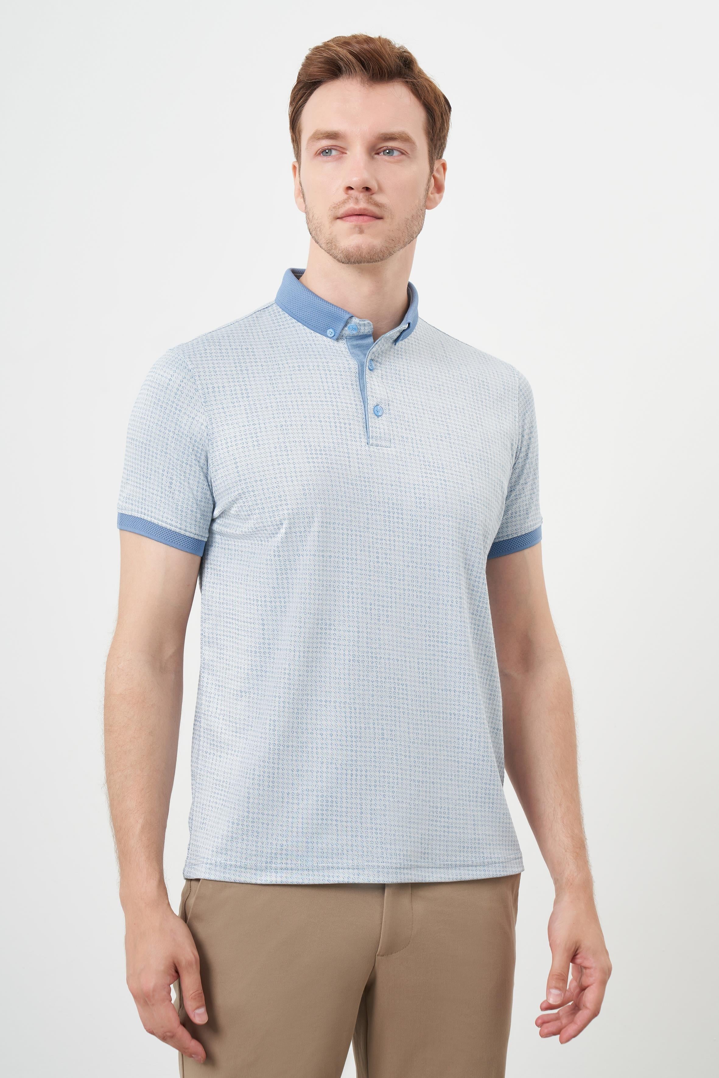 Morven Erkek A. MAVİ Trend Merserize Jakar Desen Düğmeli Yaka Dynamic Fit T-Shirt