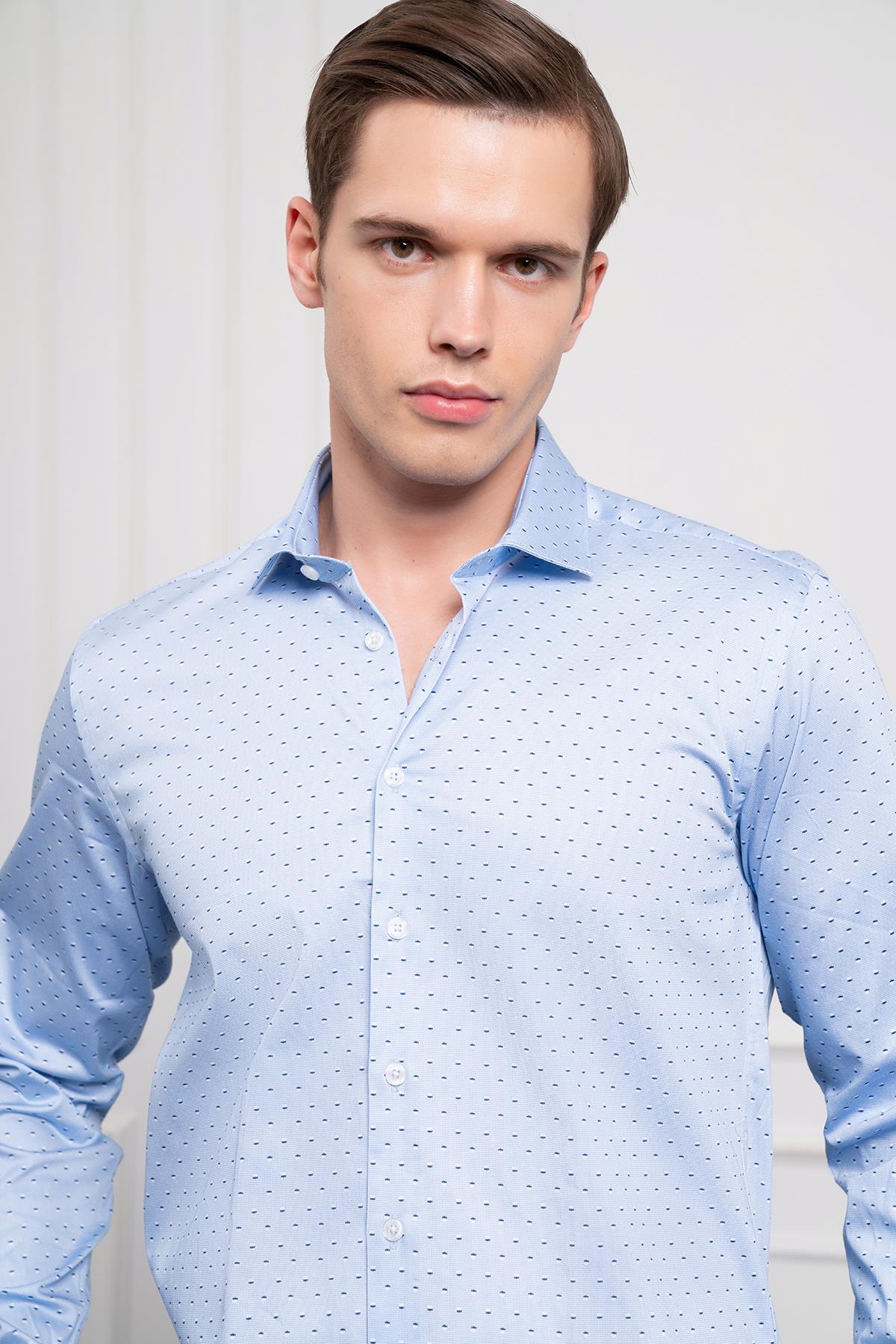 Morven Erkek A. MAVİ Pamuk Baskılı Desenli  İtalyan Yaka Slim Fit Gömlek