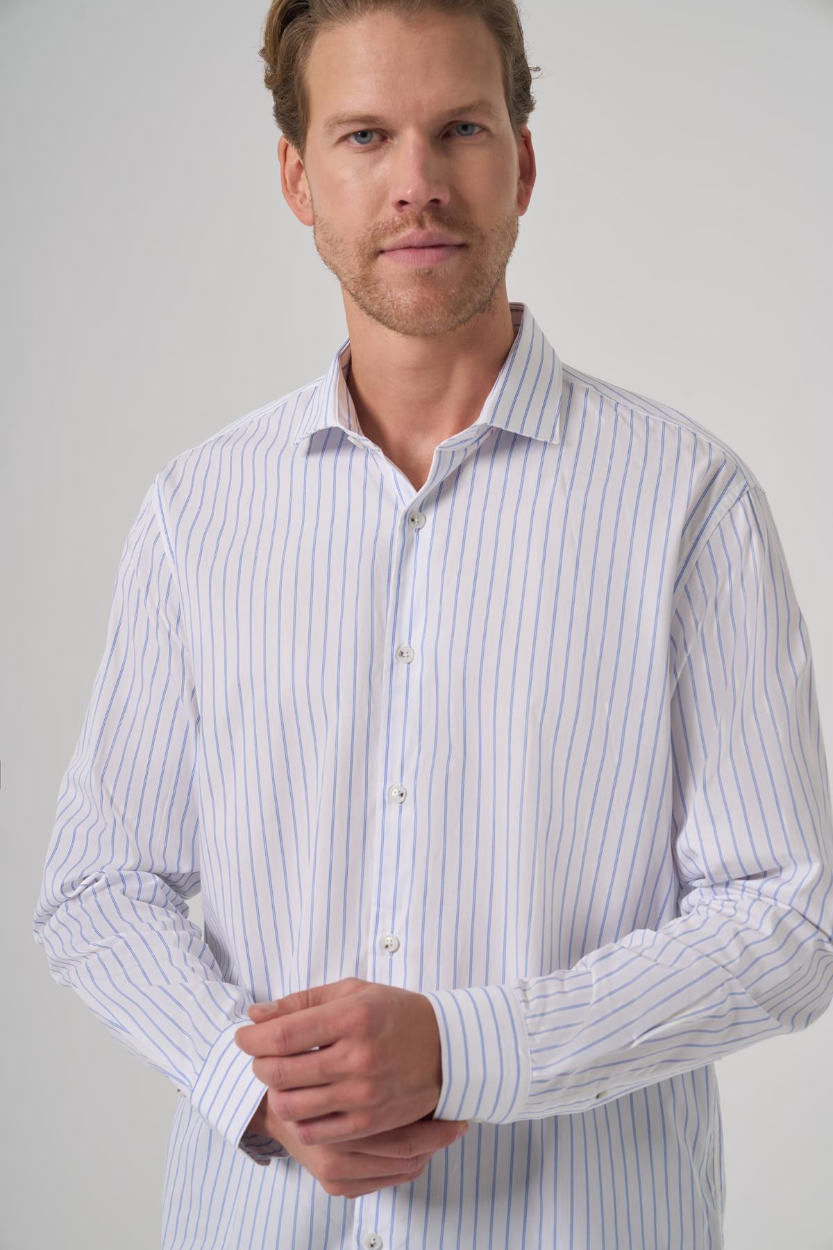 Morven Erkek A. MAVİ Pamuk Trend Çizgili Slim Fit Yarım İtalyan Yaka Gömlek