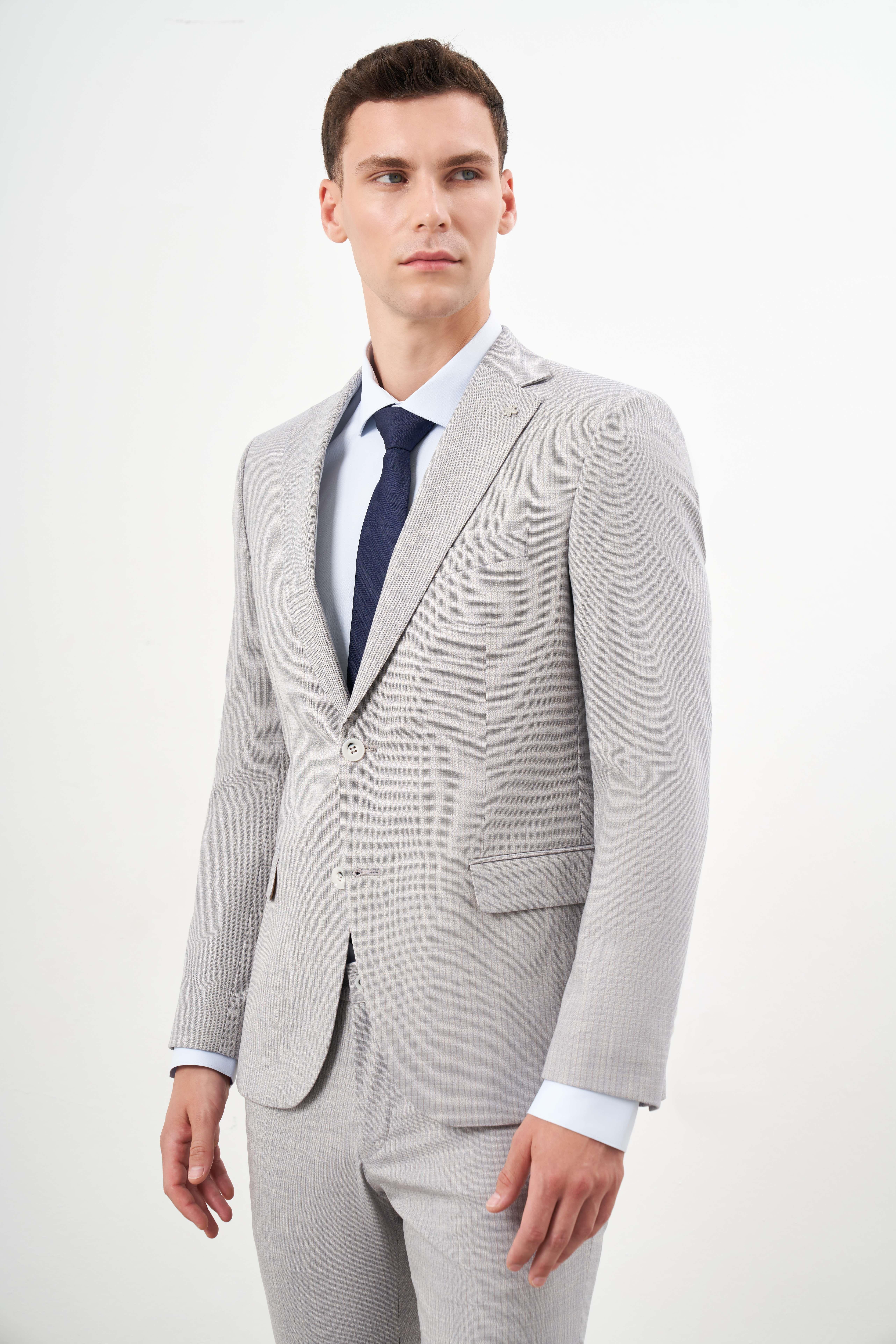 Morven Erkek A. MAVİ Poliviskon Trend Çizgili Desen Slim Fit Mono Yaka Takım Elbise