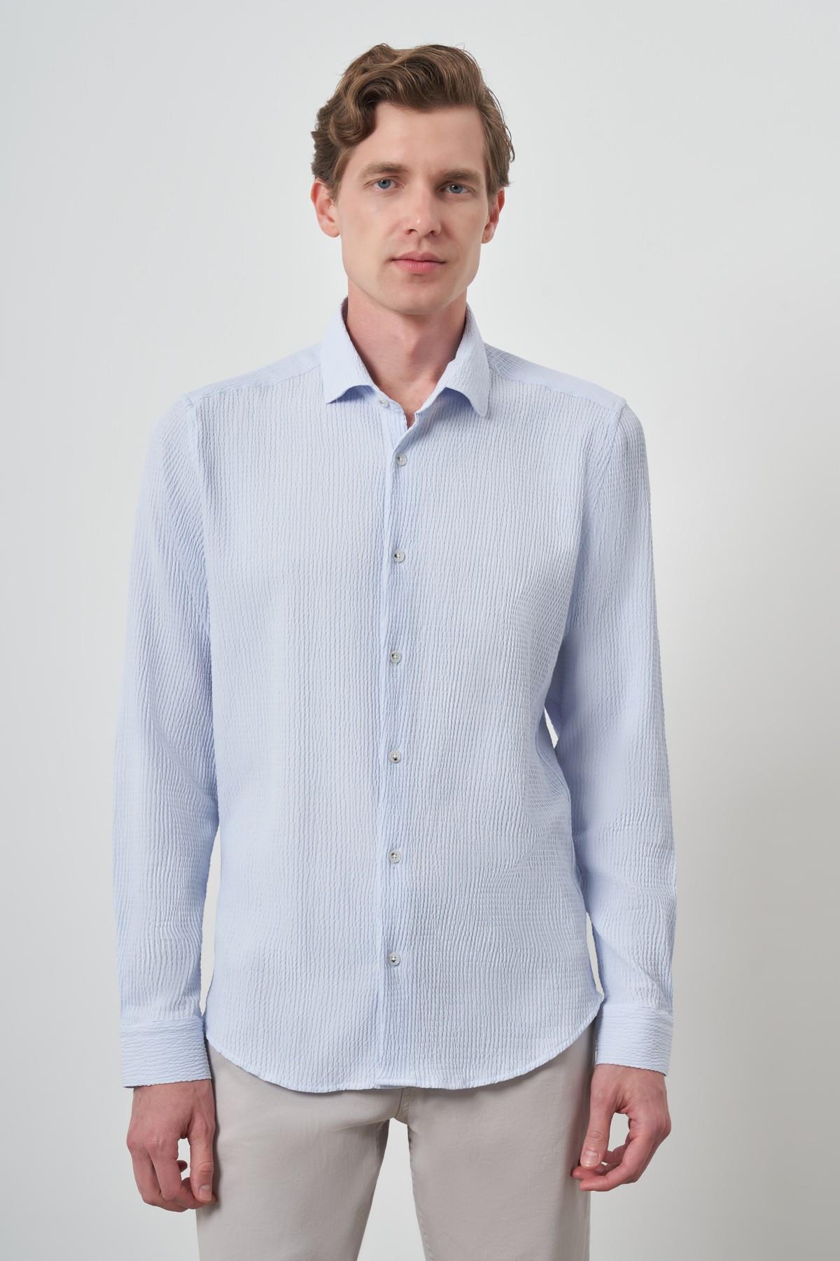 Morven Erkek A. MAVİ Gofre Trend Desenli Dynamic Fit İtalyan Yaka Gömlek