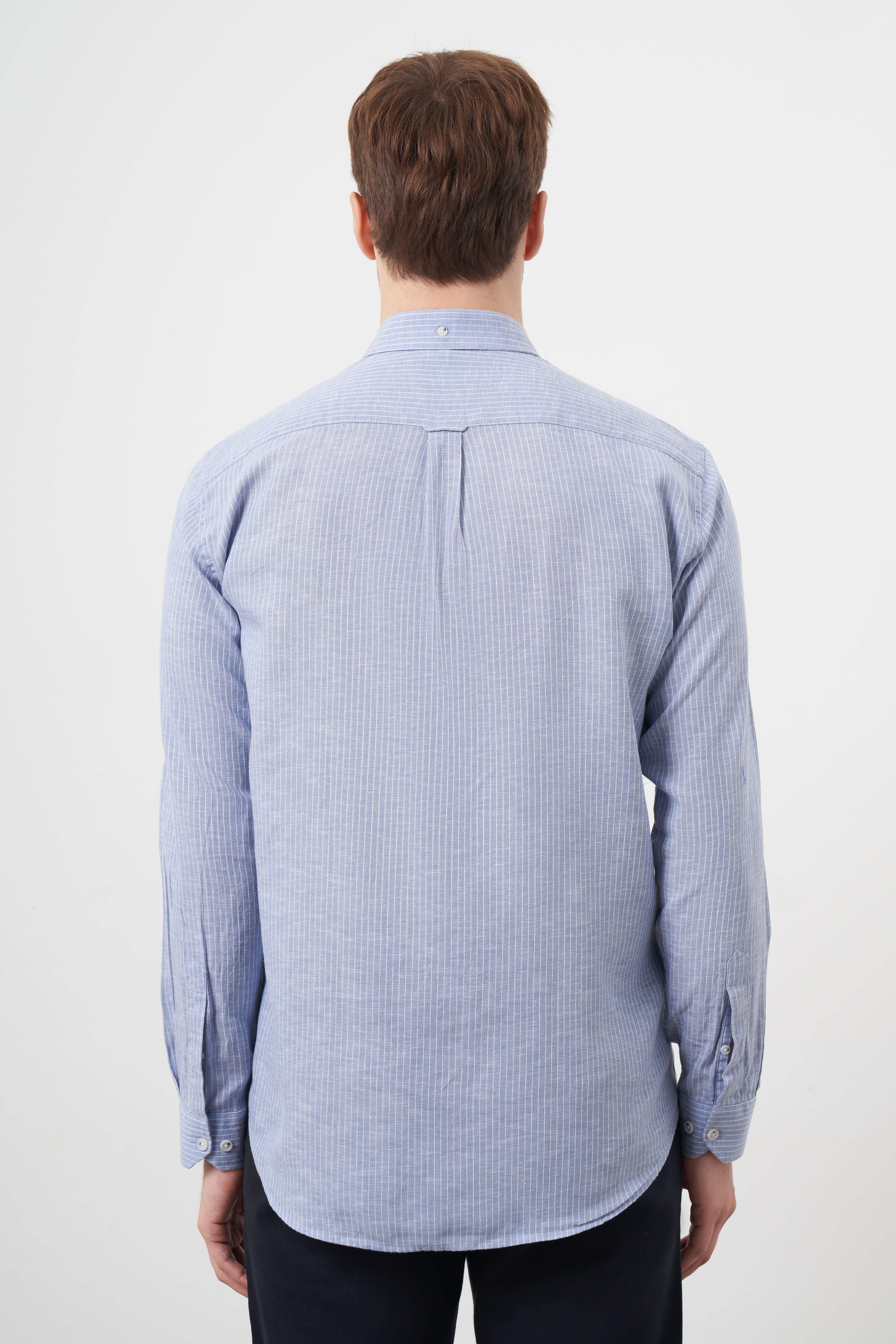 Morven Erkek A. MAVİ Keten Çizgili Düğmeli Yaka Regular Fit Gömlek