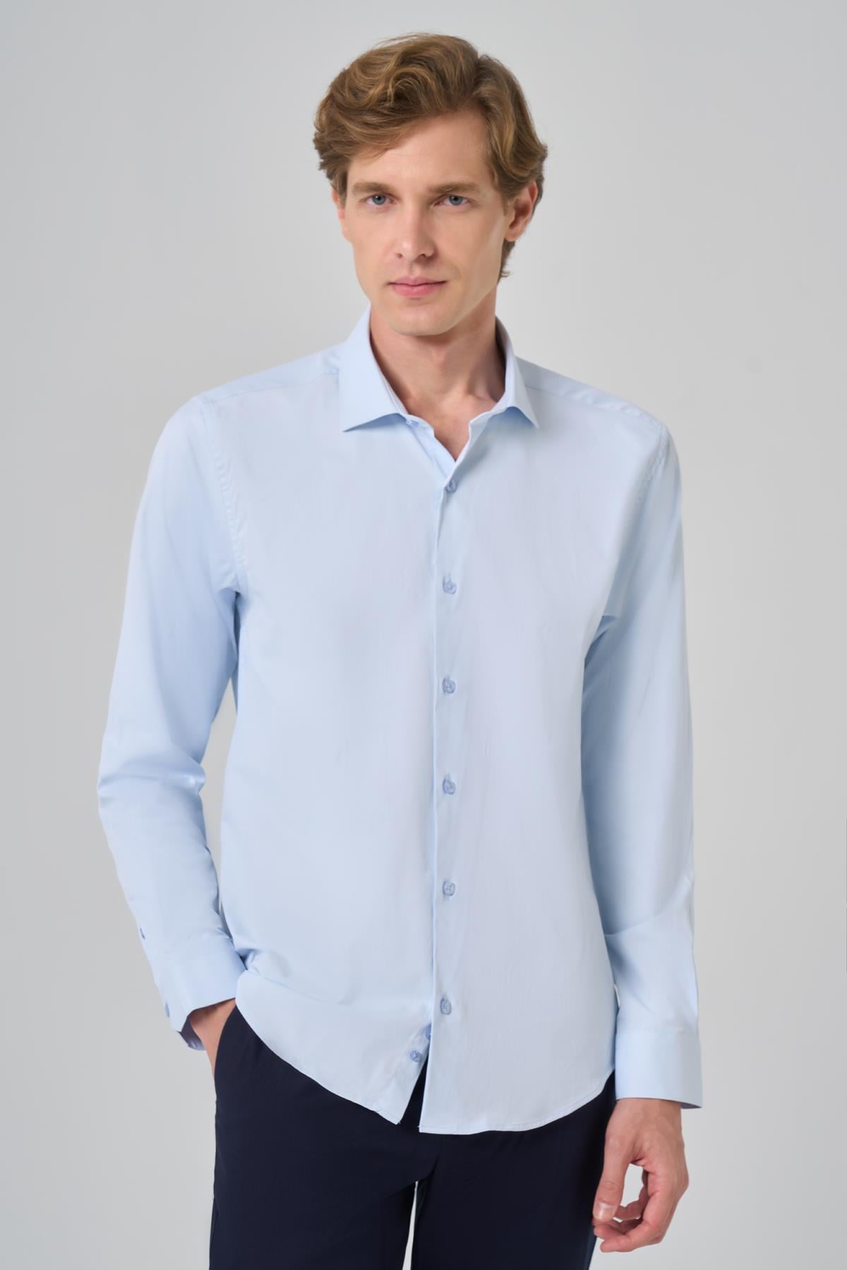 Morven Erkek A. MAVİ Basic Düz Desen İtalyan Yaka Slim Fit Gömlek