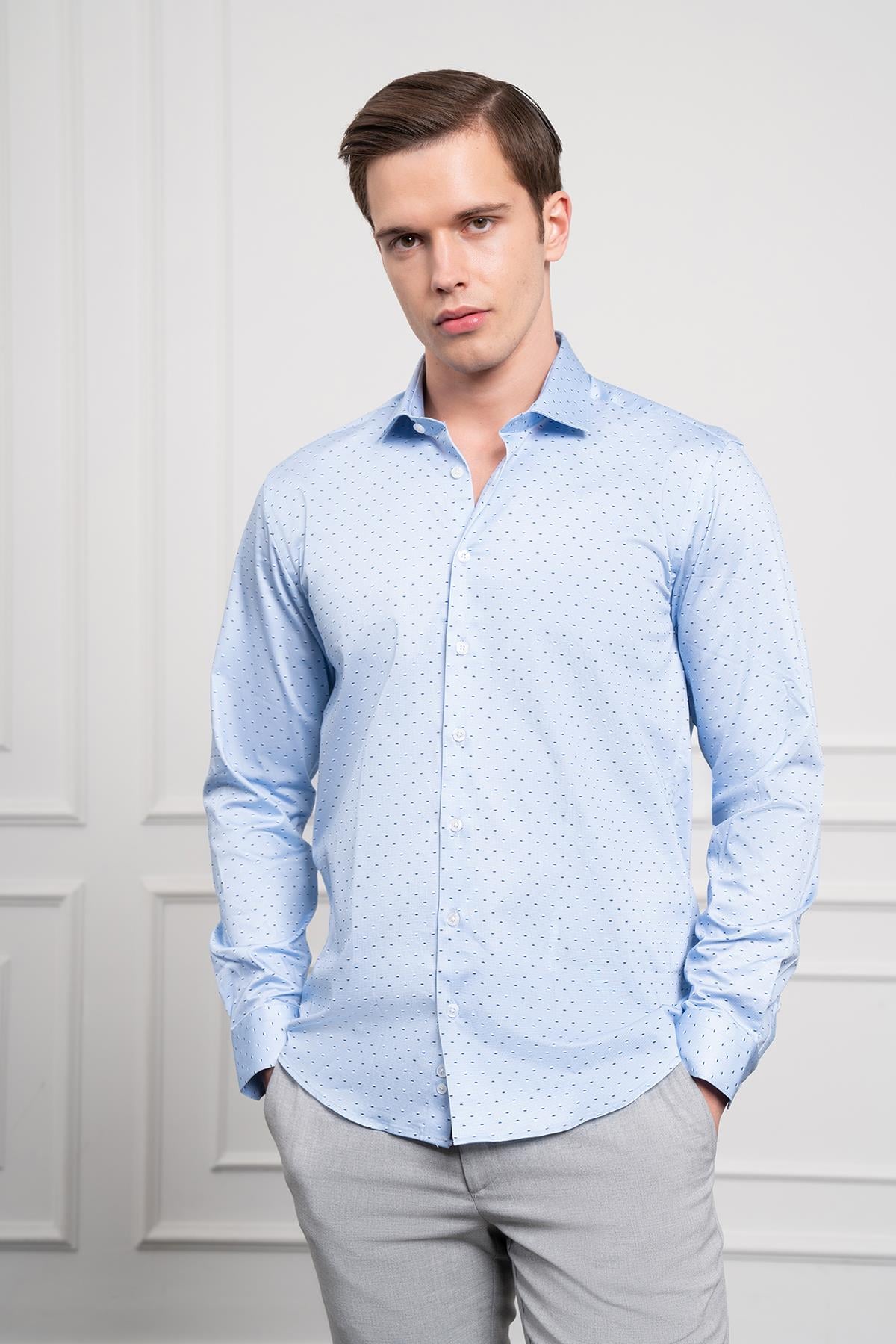 Morven Erkek A. MAVİ Pamuk Baskılı Desenli  İtalyan Yaka Slim Fit Gömlek