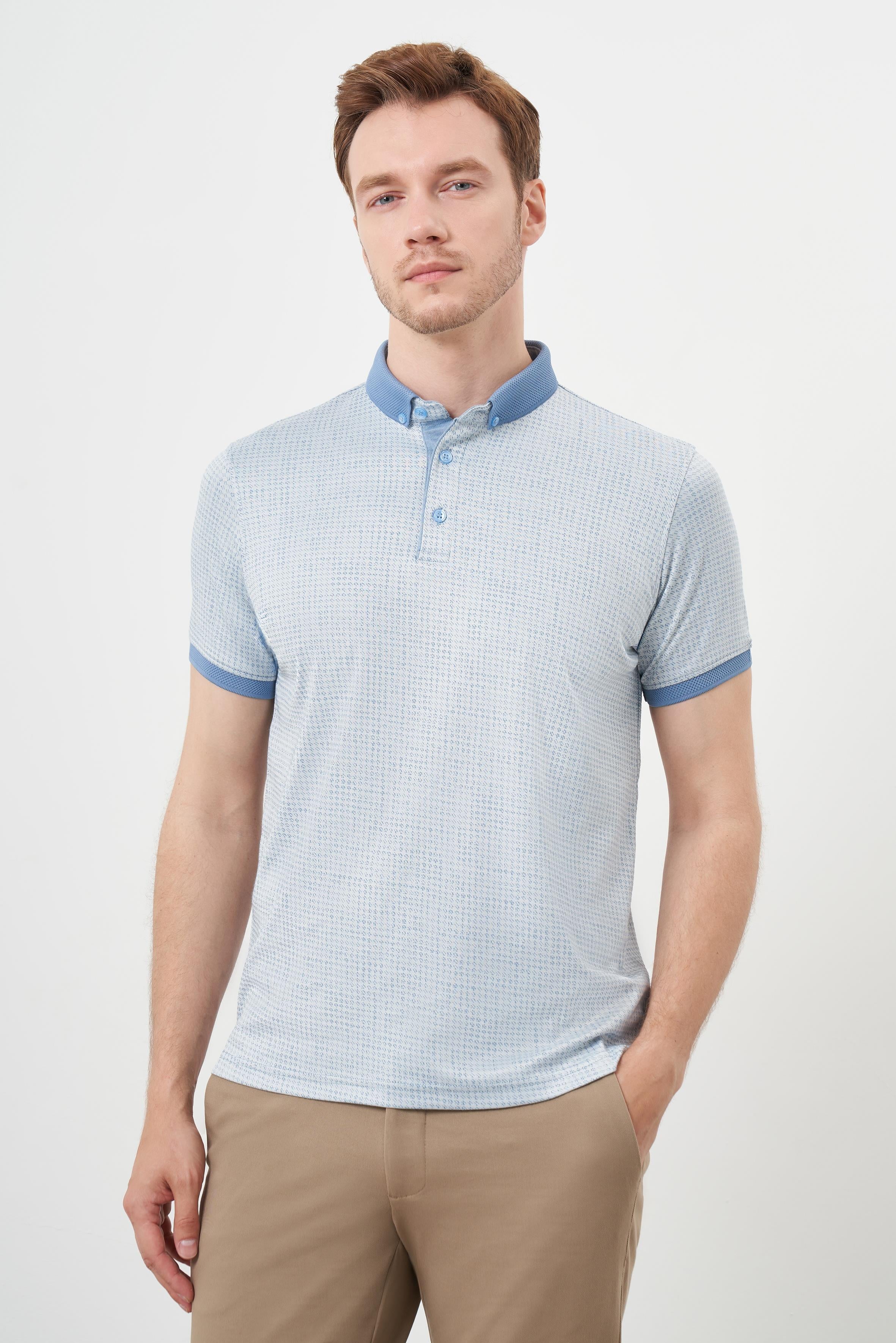 Morven Erkek A. MAVİ Trend Merserize Jakar Desen Düğmeli Yaka Dynamic Fit T-Shirt