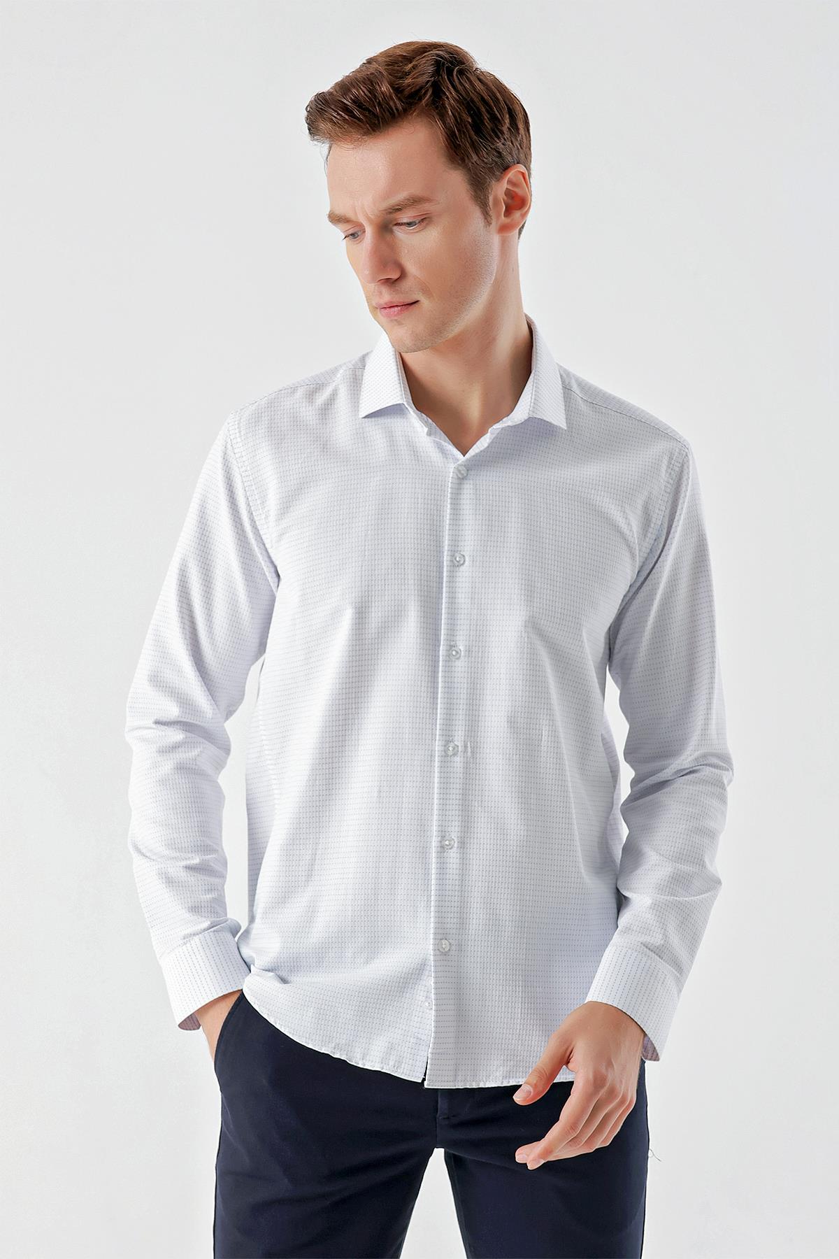 Morven Erkek A. MAVİ Trend Baskılı Desenli İtalyan Yaka Slim Fit gömlek