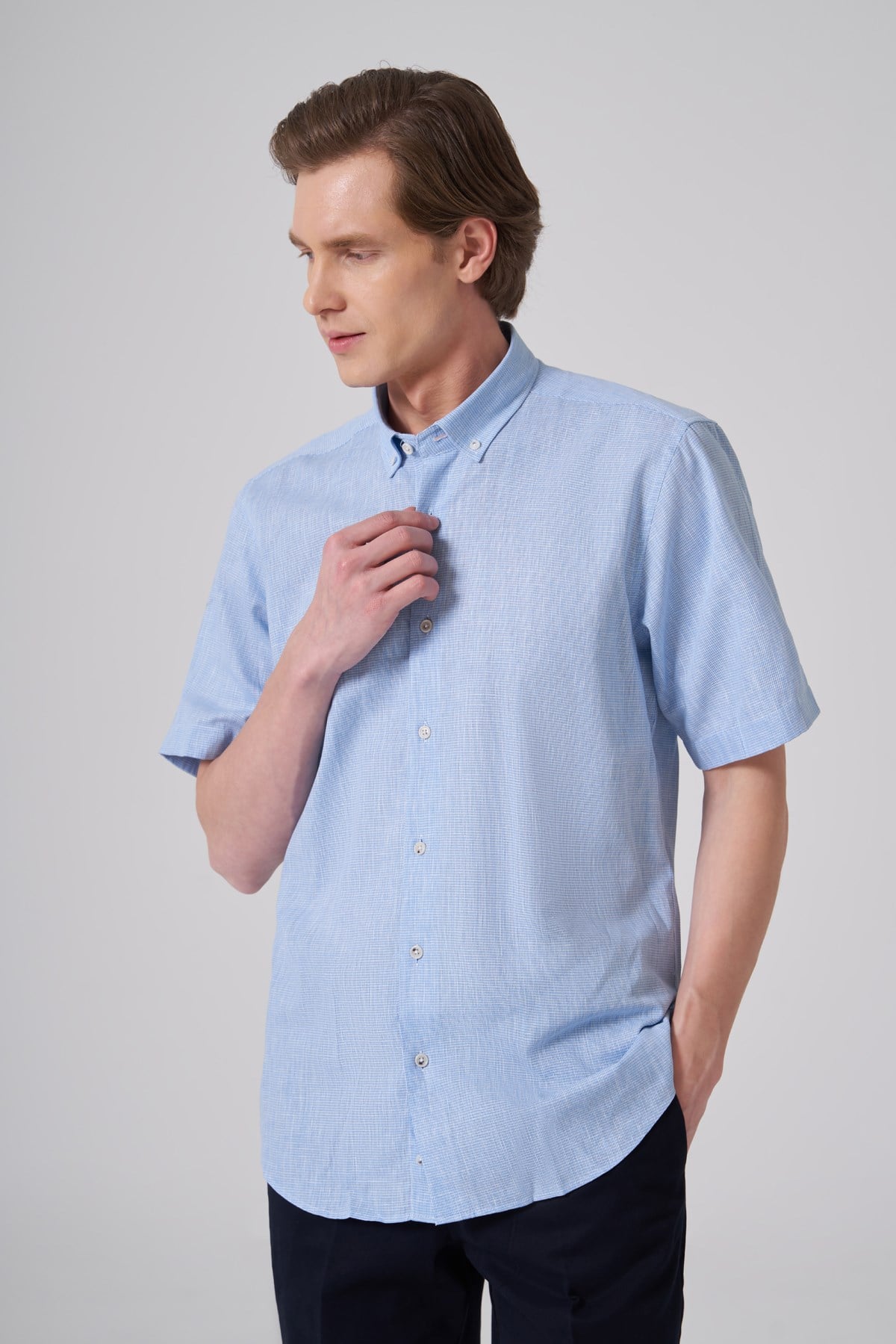 Morven Erkek A. MAVİ Kısa Kol Regular Fit Düğmeli Yaka Gömlek