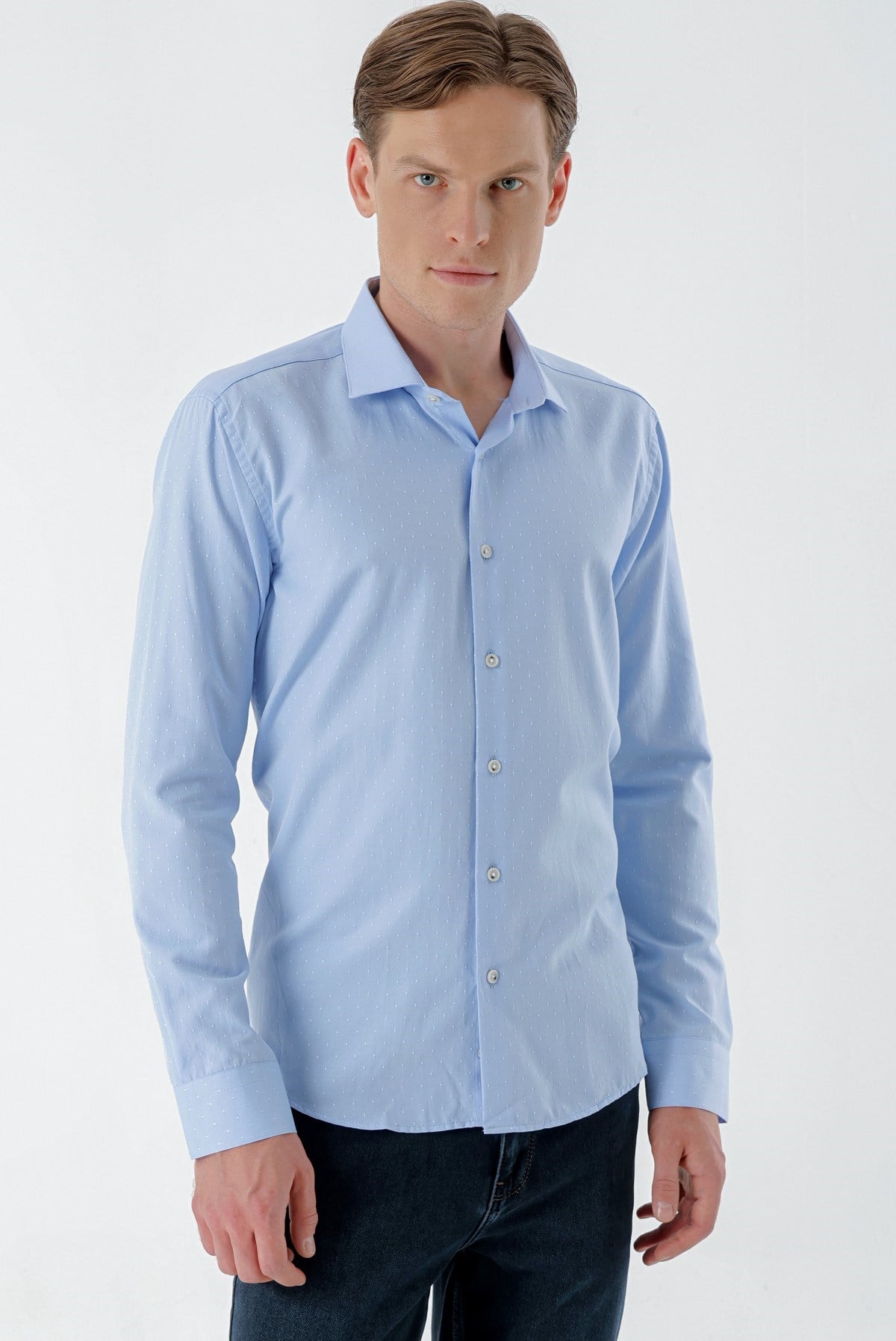 Morven Erkek A. MAVİ Parma Armür Şamre Desenli Slim Fit Gömlek