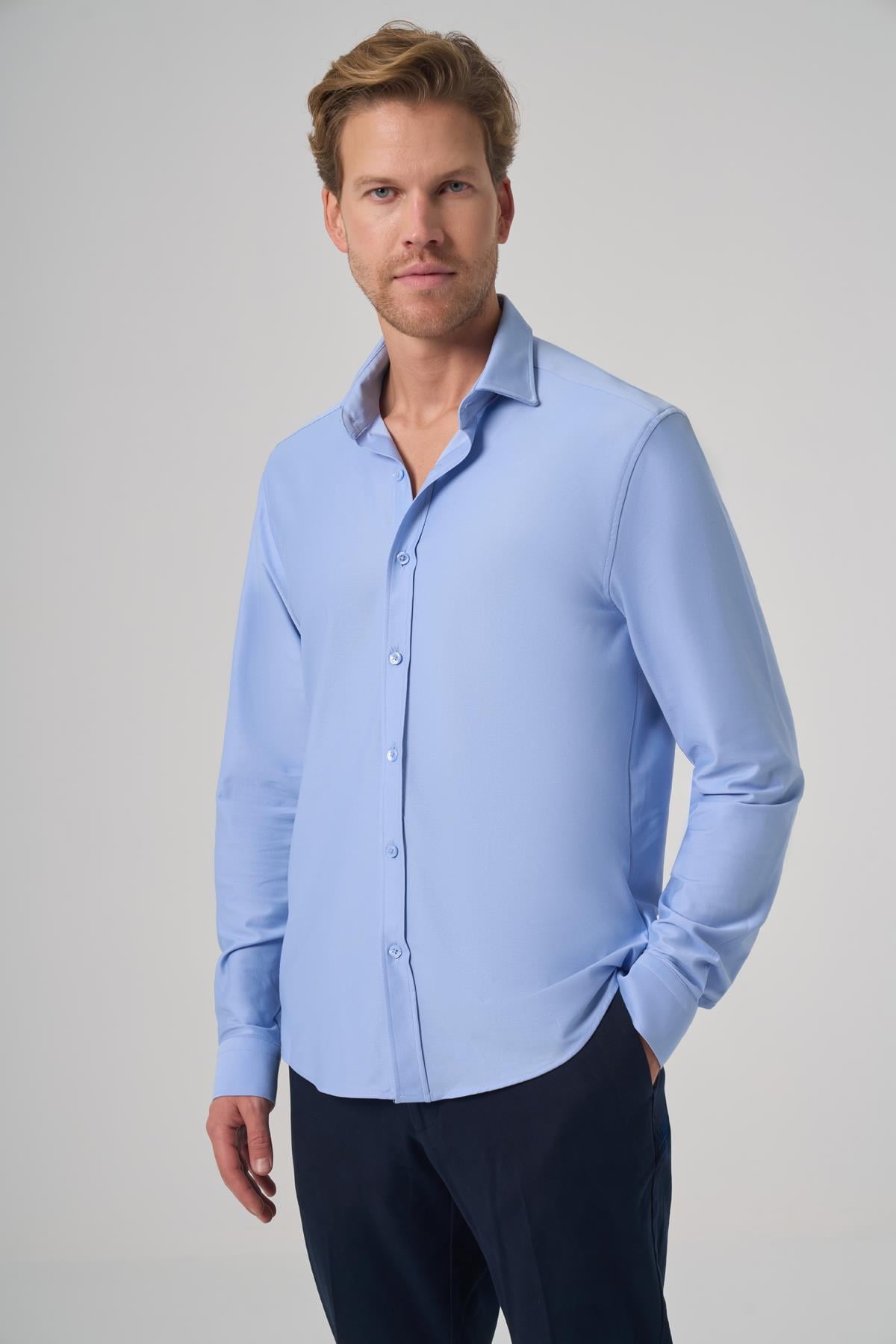 Morven Erkek A. MAVİ Trend Düz Slim Fit Tam İtalyan Yaka Gömlek
