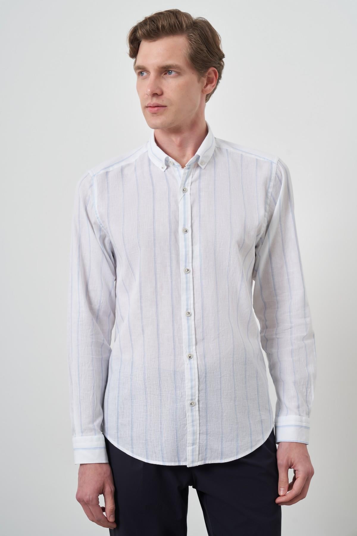 Morven Erkek A. MAVİ Keten Dynamic Fit Düğmeli Yaka Gömlek