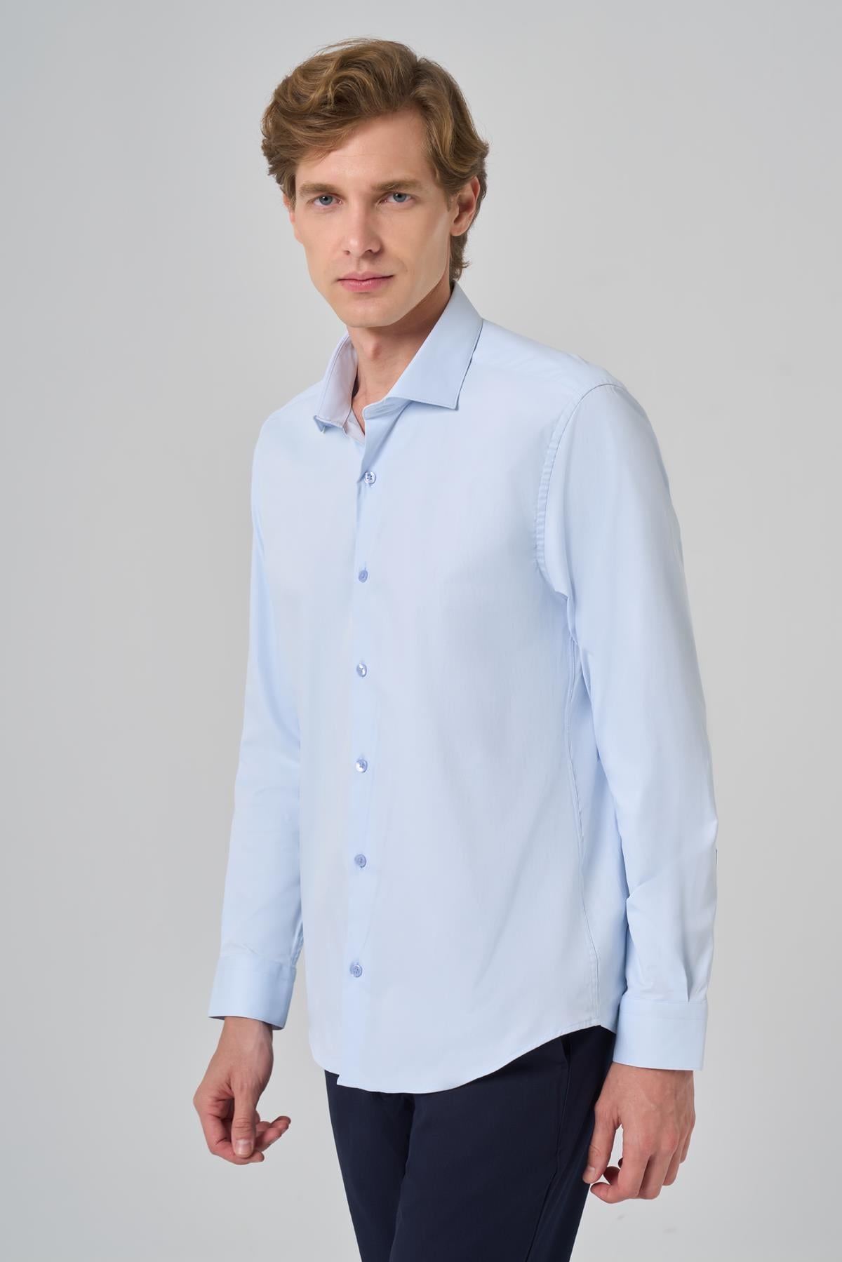 Morven Erkek A. MAVİ Basic Düz Desen İtalyan Yaka Slim Fit Gömlek