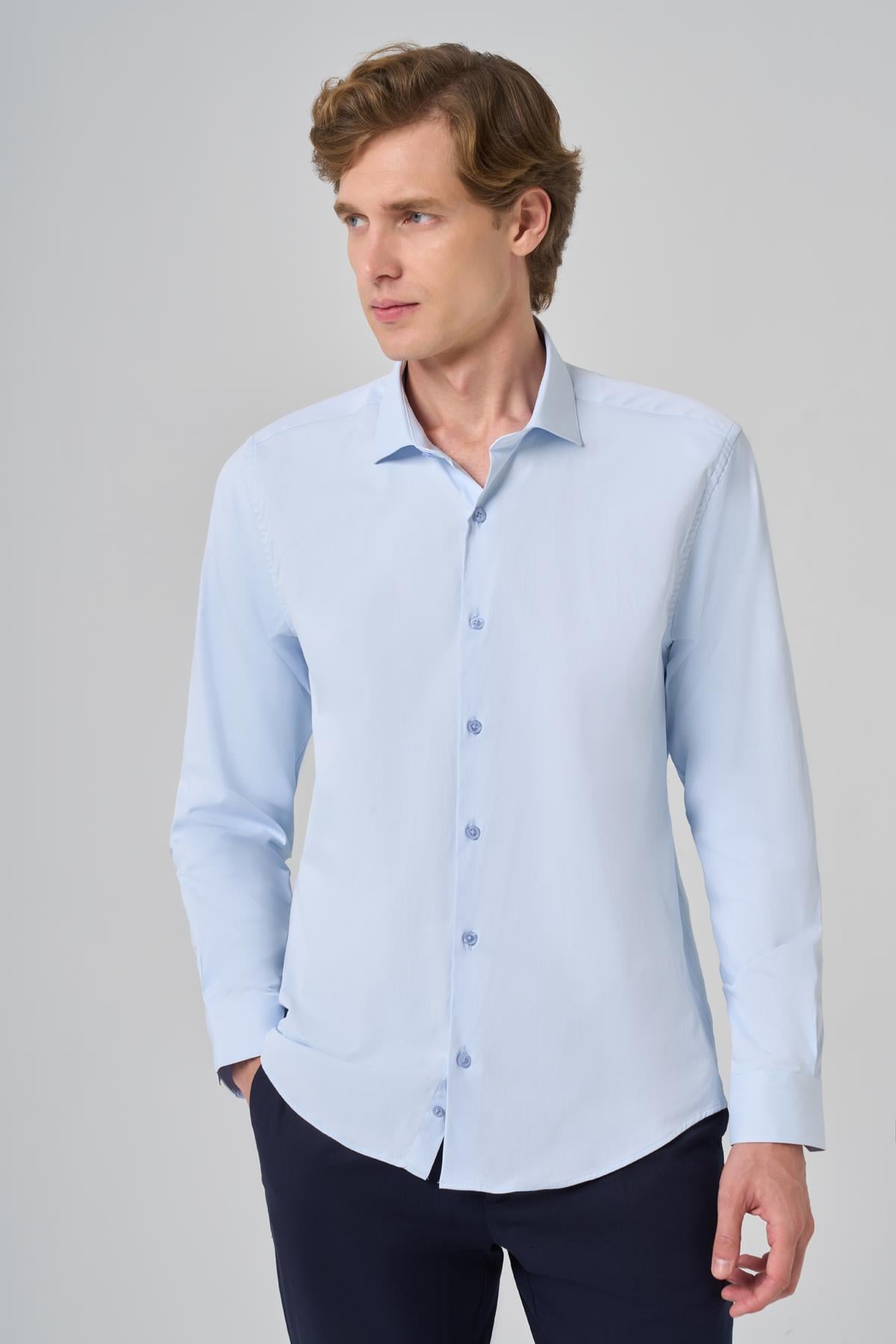 Morven Erkek A. MAVİ Basic Düz Desen İtalyan Yaka Slim Fit Gömlek