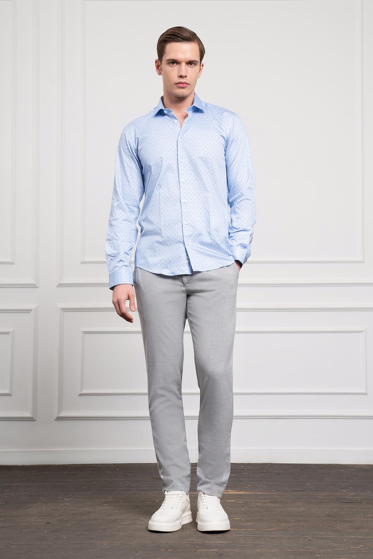 Morven Erkek A. MAVİ Pamuk Baskılı Desenli  İtalyan Yaka Slim Fit Gömlek