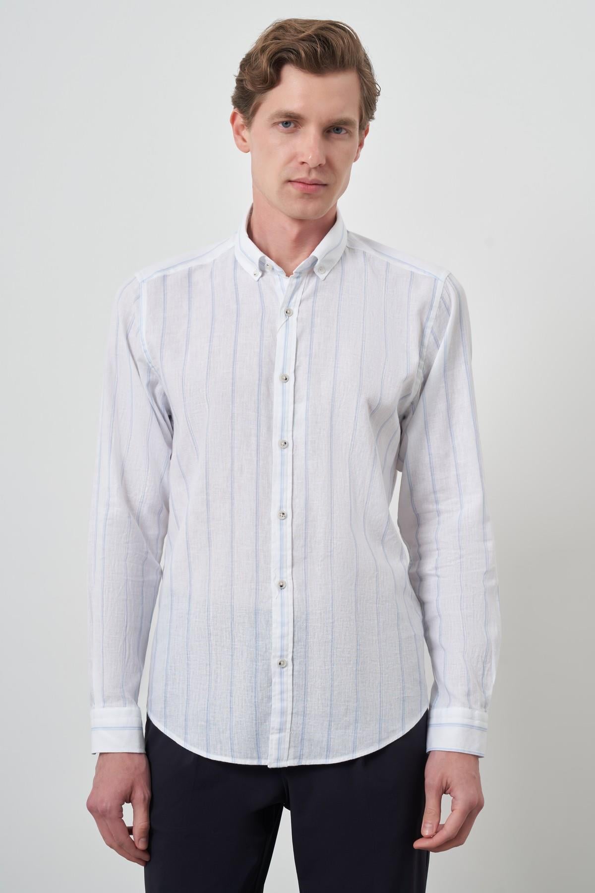 Morven Erkek A. MAVİ Keten Dynamic Fit Düğmeli Yaka Gömlek