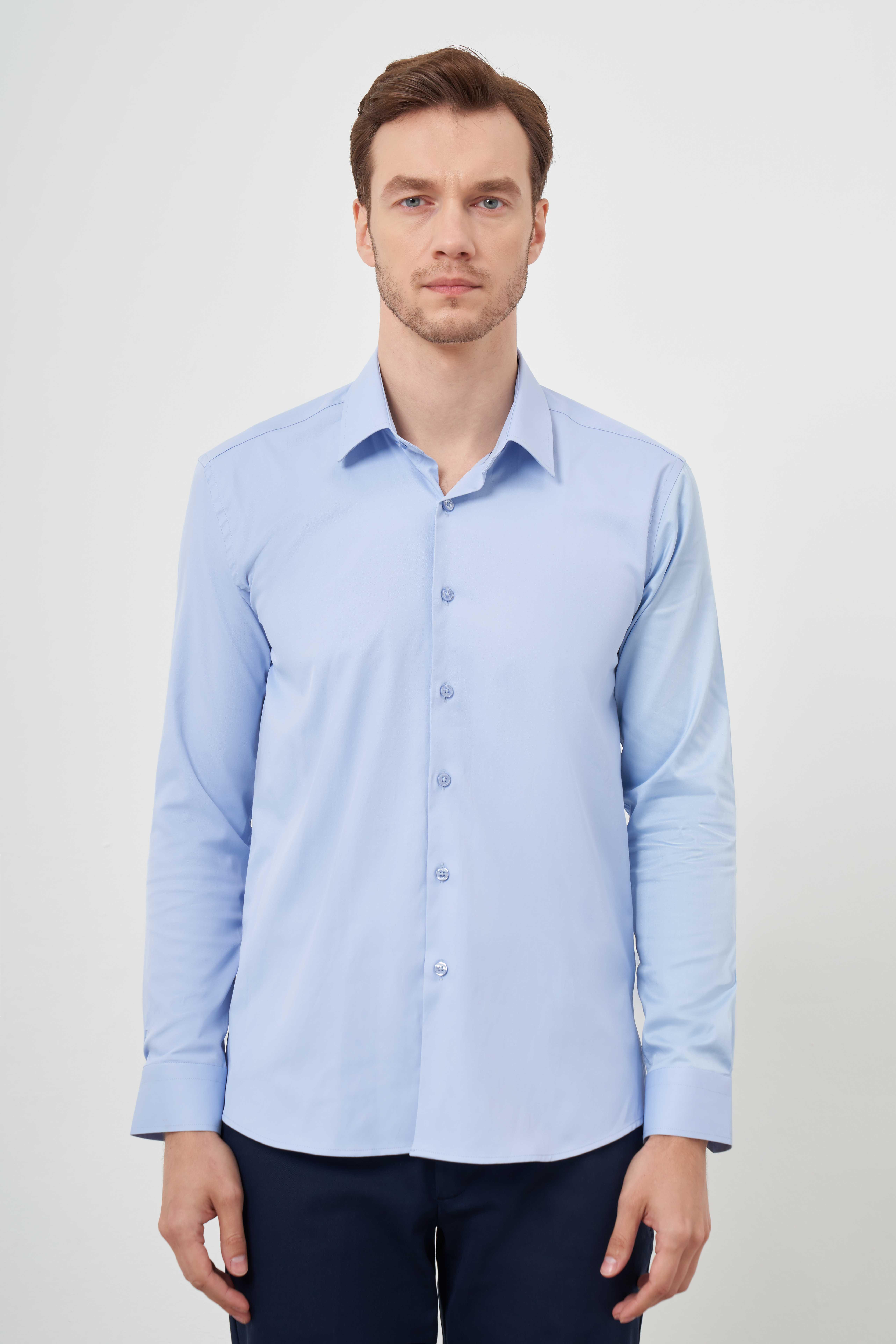 Morven Erkek A. MAVİ Pamuk Düz Desen İtalyan Yaka Slim Fit  Gömlek