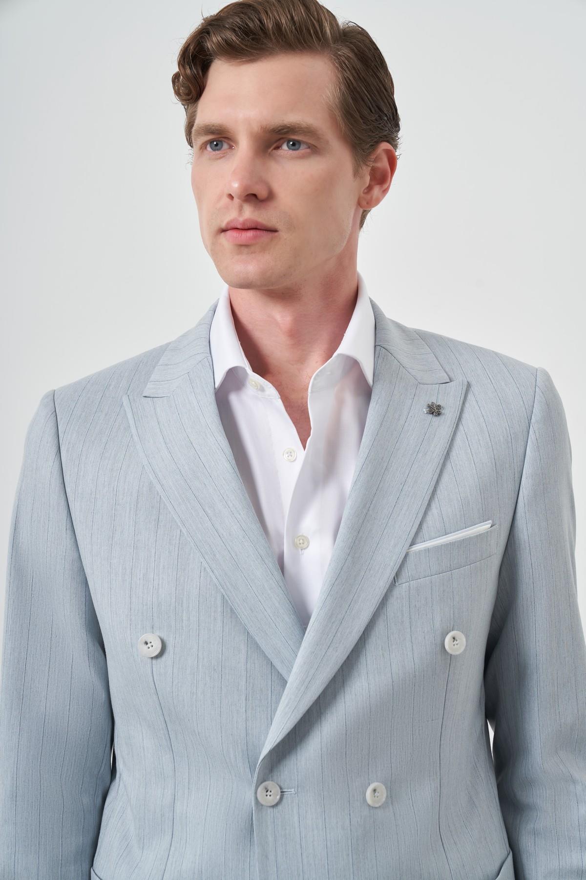 Morven Erkek A. MAVİ Çizgili Desen Kruvaze Slim Fit Sivri Yaka Takım Elbise