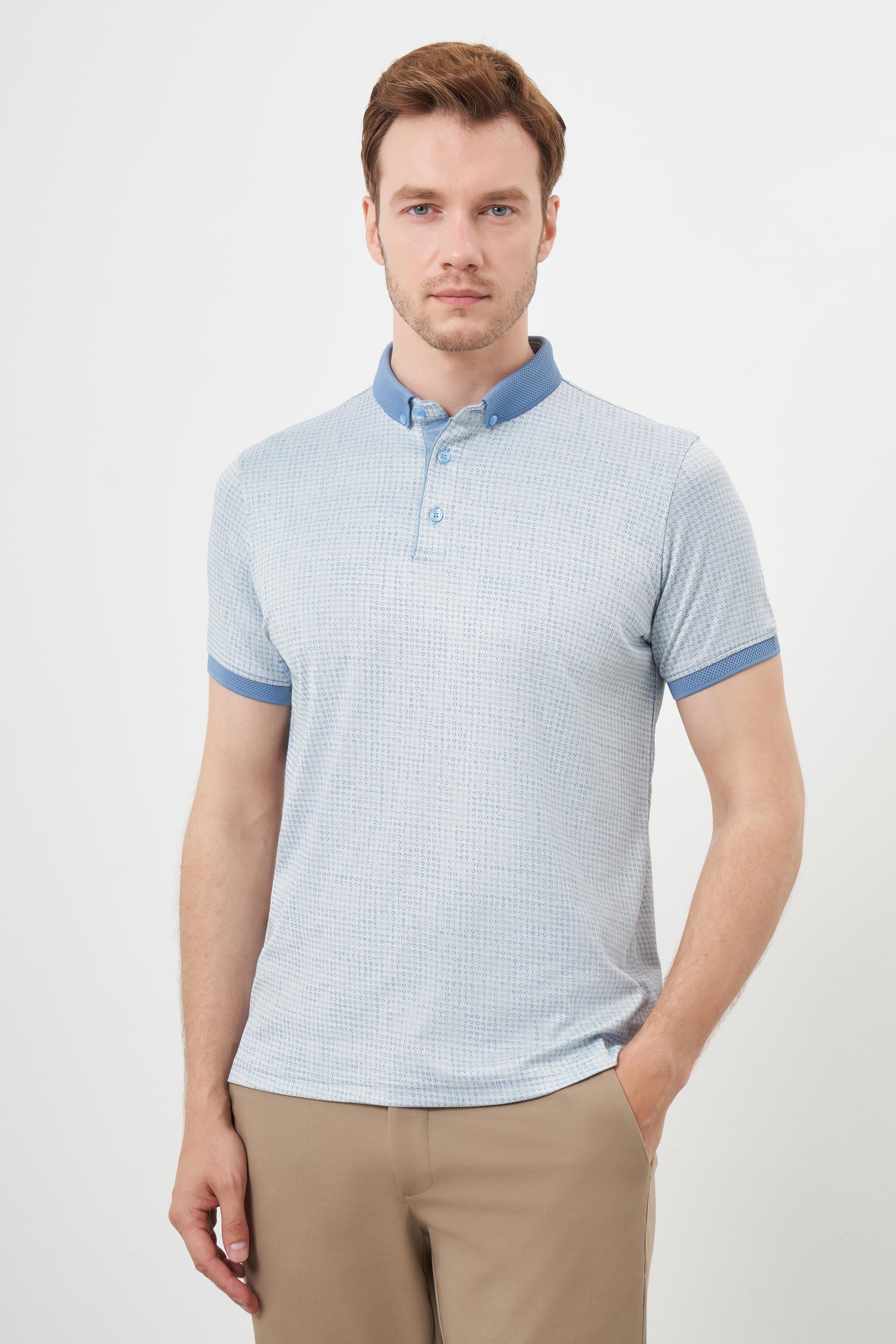 Morven Erkek A. MAVİ Trend Merserize Jakar Desen Düğmeli Yaka Dynamic Fit T-Shirt