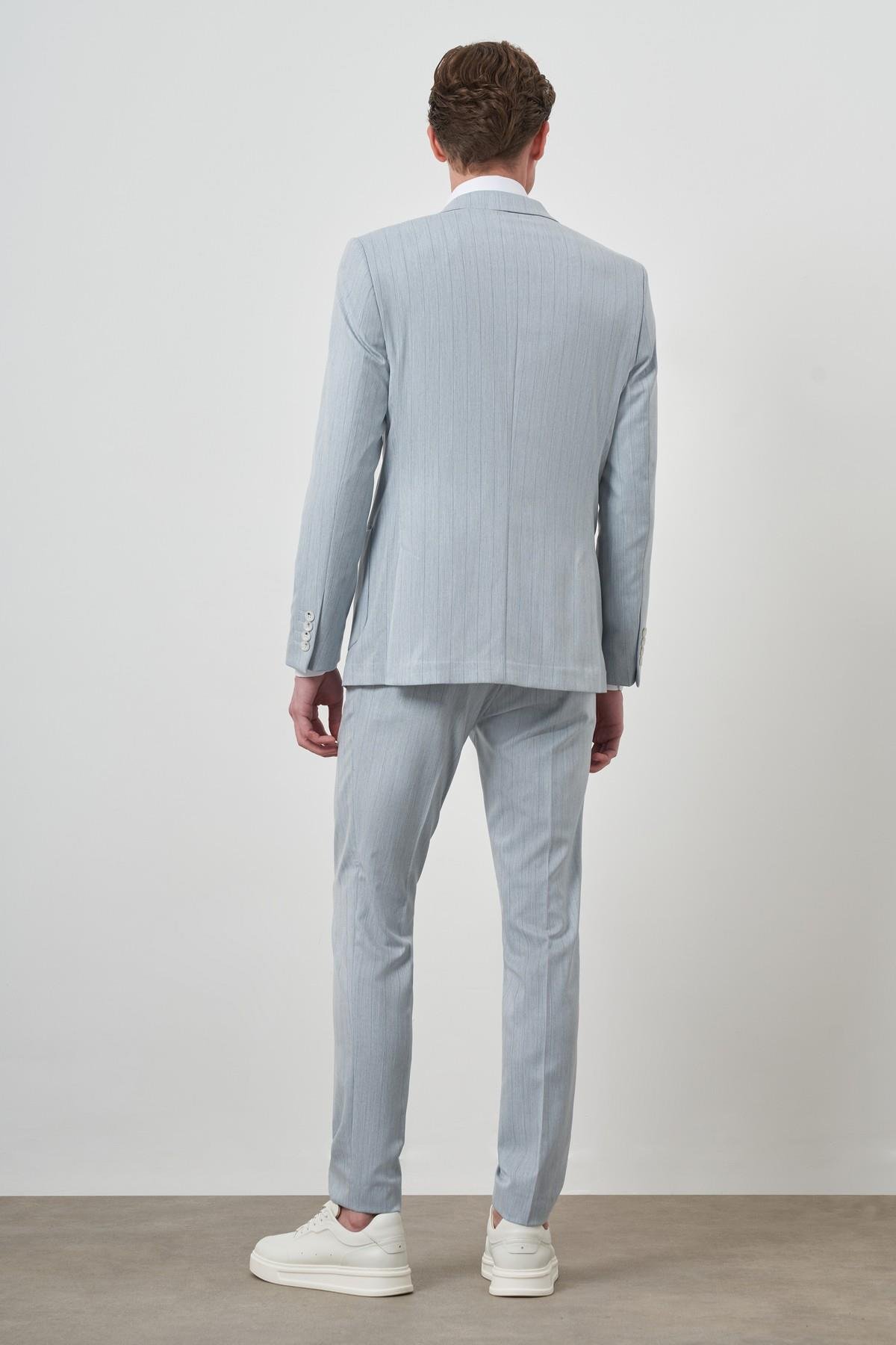 Morven Erkek A. MAVİ Çizgili Desen Kruvaze Slim Fit Sivri Yaka Takım Elbise