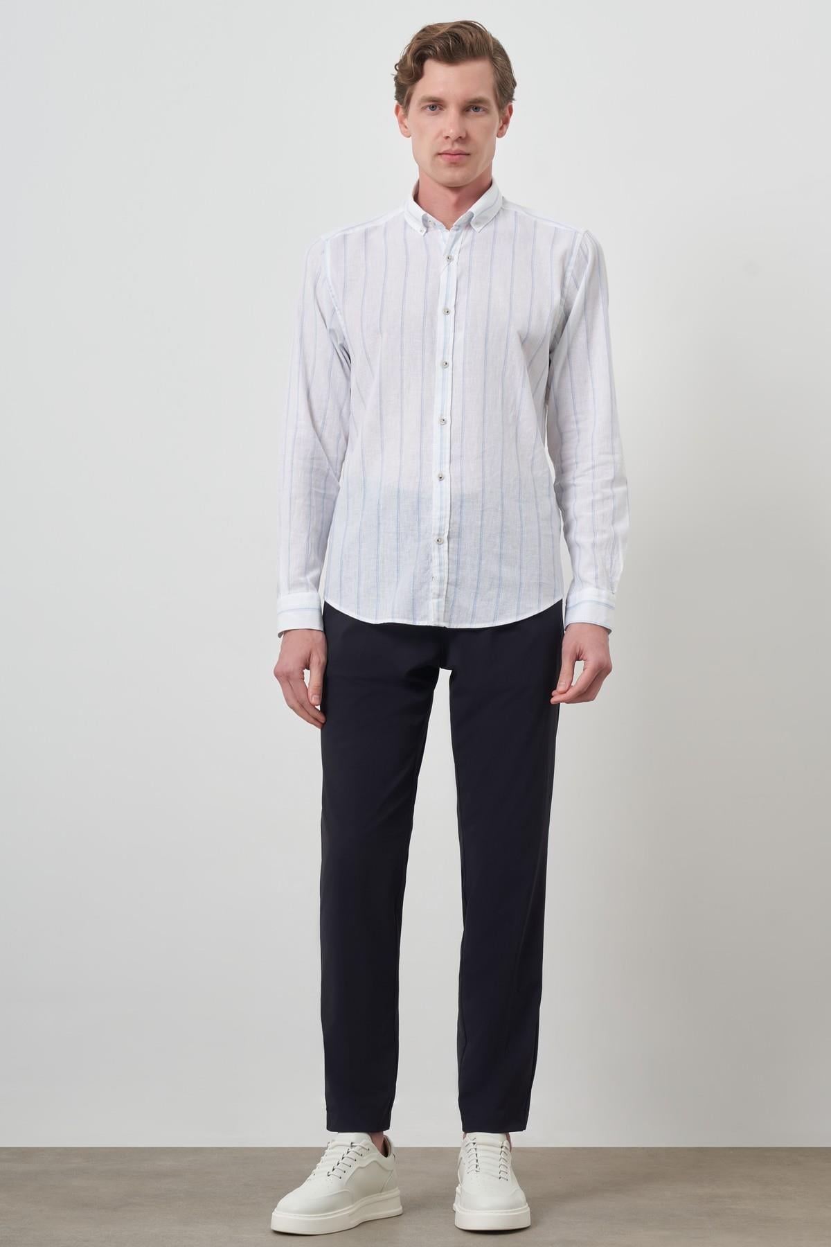 Morven Erkek A. MAVİ Keten Dynamic Fit Düğmeli Yaka Gömlek