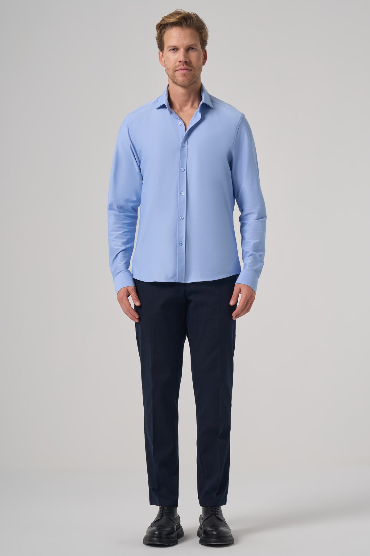 Morven Erkek A. MAVİ Trend Düz Slim Fit Tam İtalyan Yaka Relaxible Gömlek