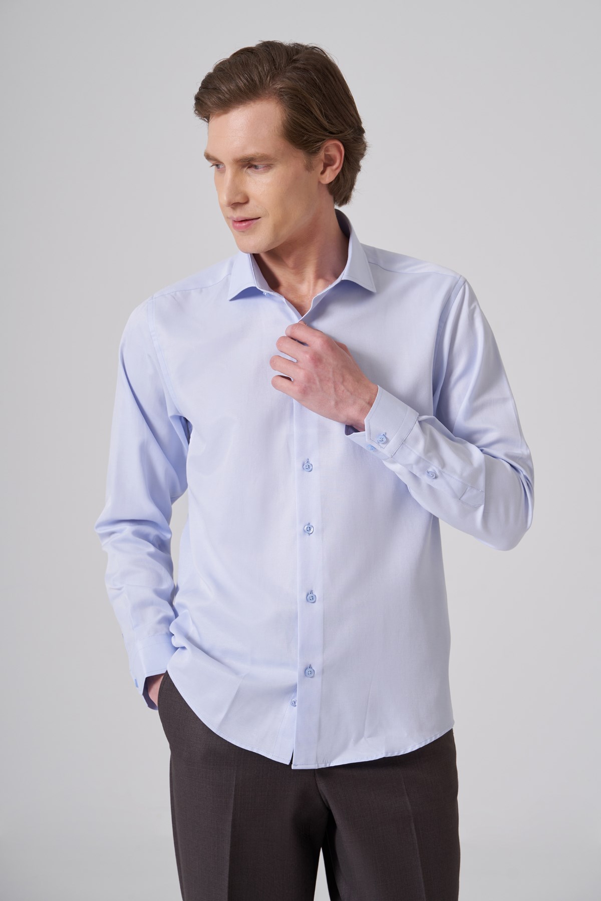 Morven Erkek A.Mavi Polyester Trend Slim Fit Tam İtalyan Yaka Gömlek
