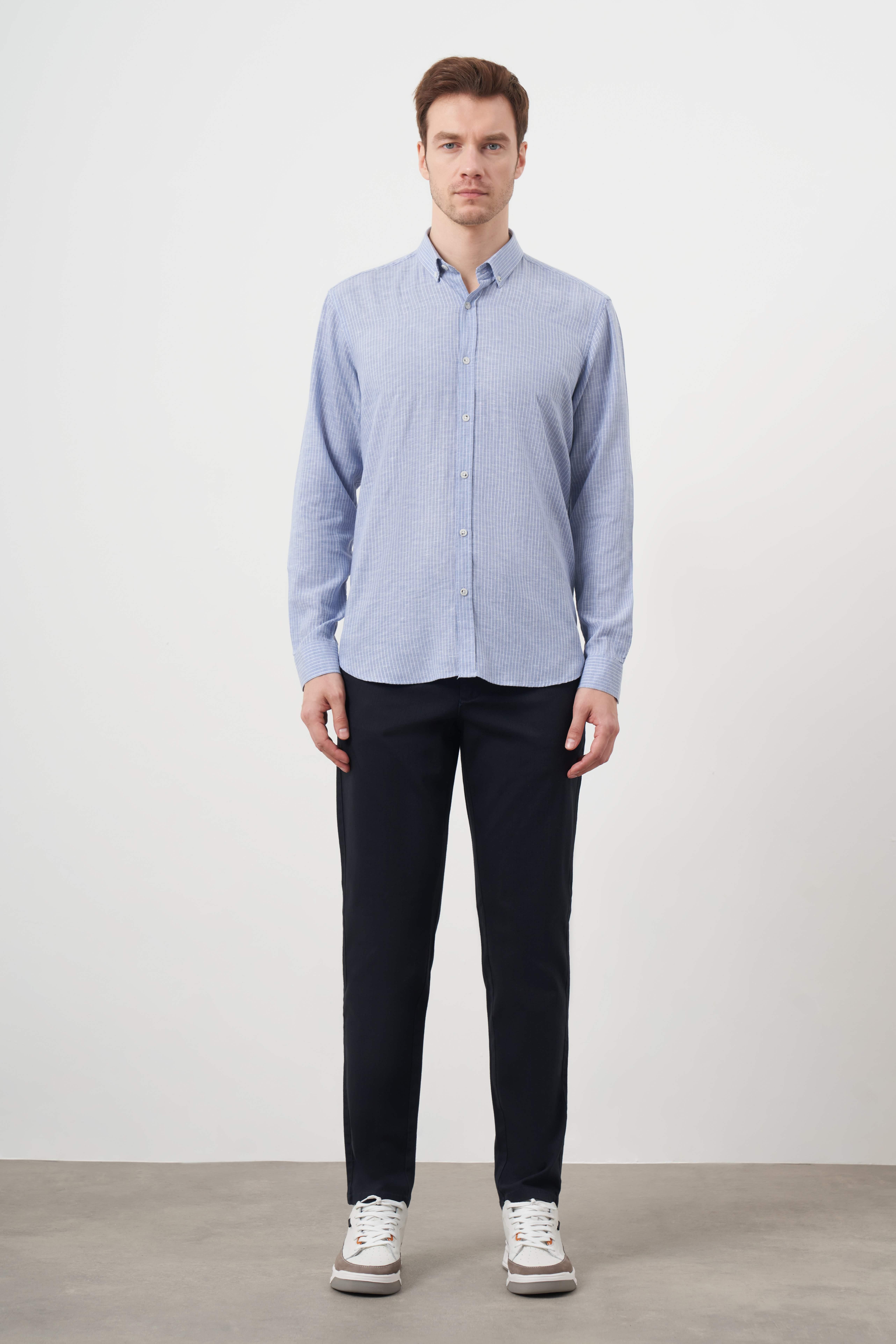 Morven Erkek A. MAVİ Keten Çizgili Düğmeli Yaka Regular Fit Gömlek