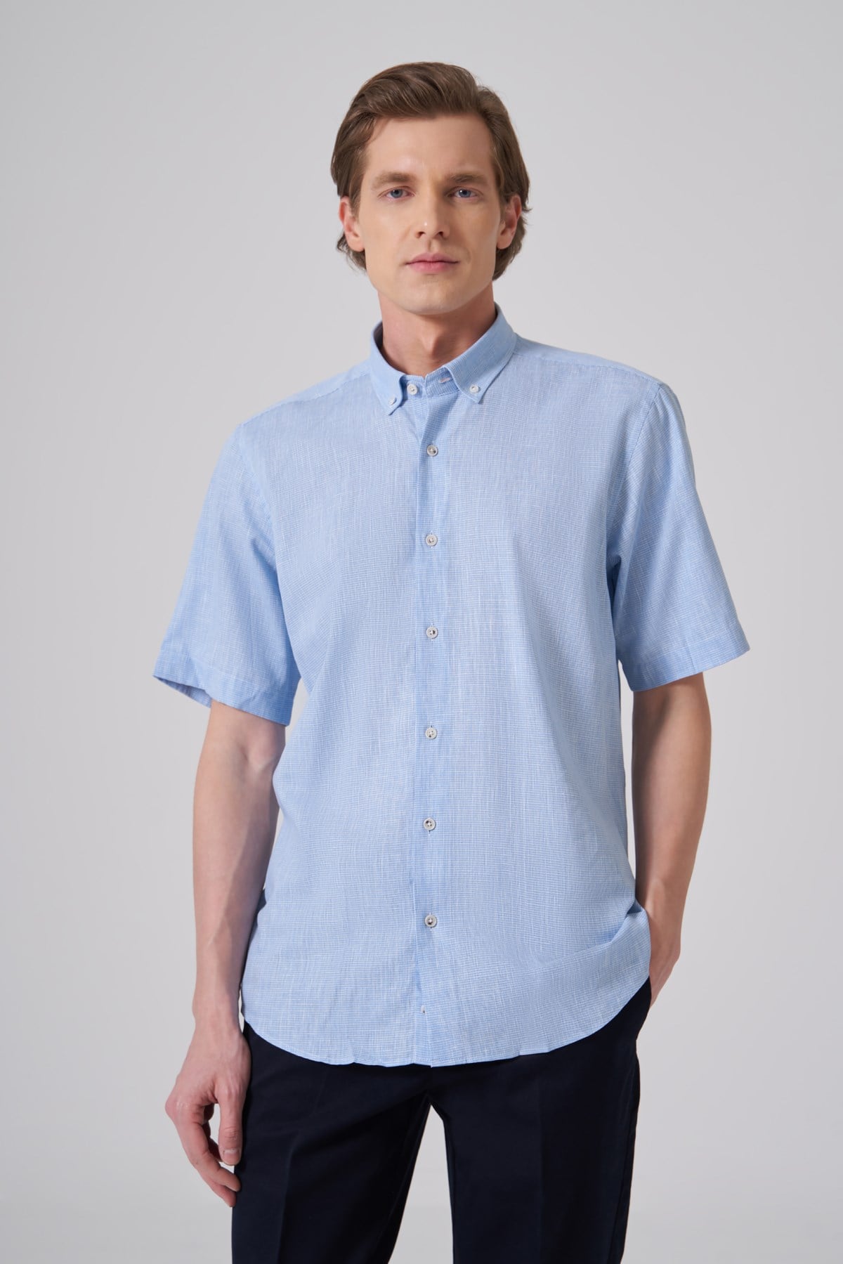 Morven Erkek A. MAVİ Kısa Kol Regular Fit Düğmeli Yaka Gömlek