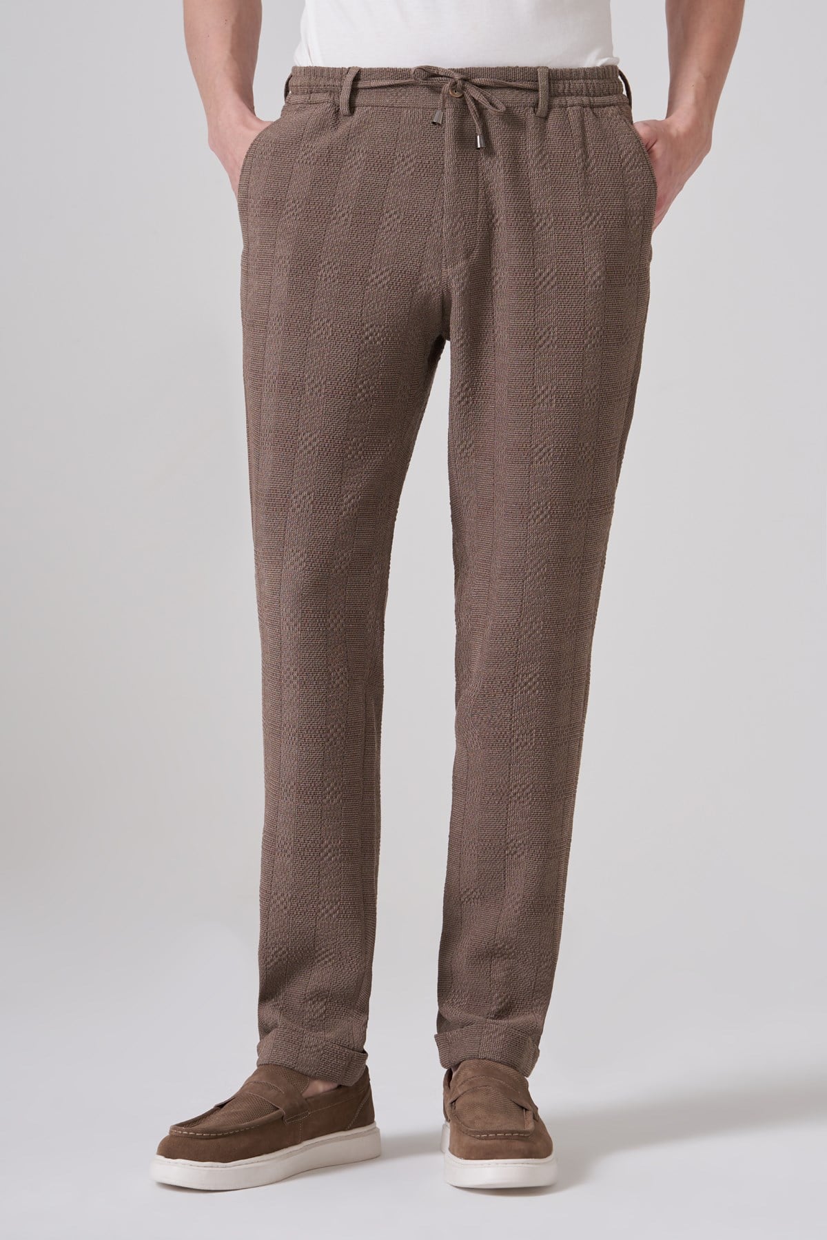 Morven Erkek A-Kahverengi Trend Ekose Lastikli İpli Slim Fit Pantolon