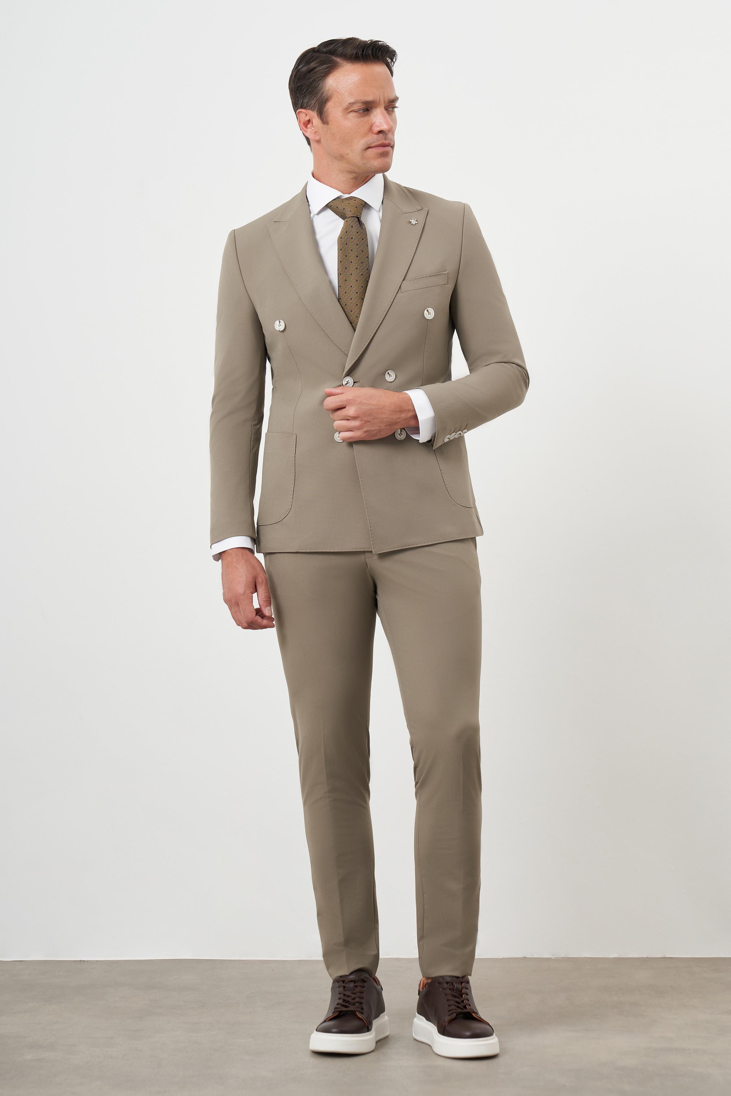 Morven Erkek AÇIK KAHVE Polyamide Trend Kruvaze Slim Fit Sivri Yaka Takım Elbise