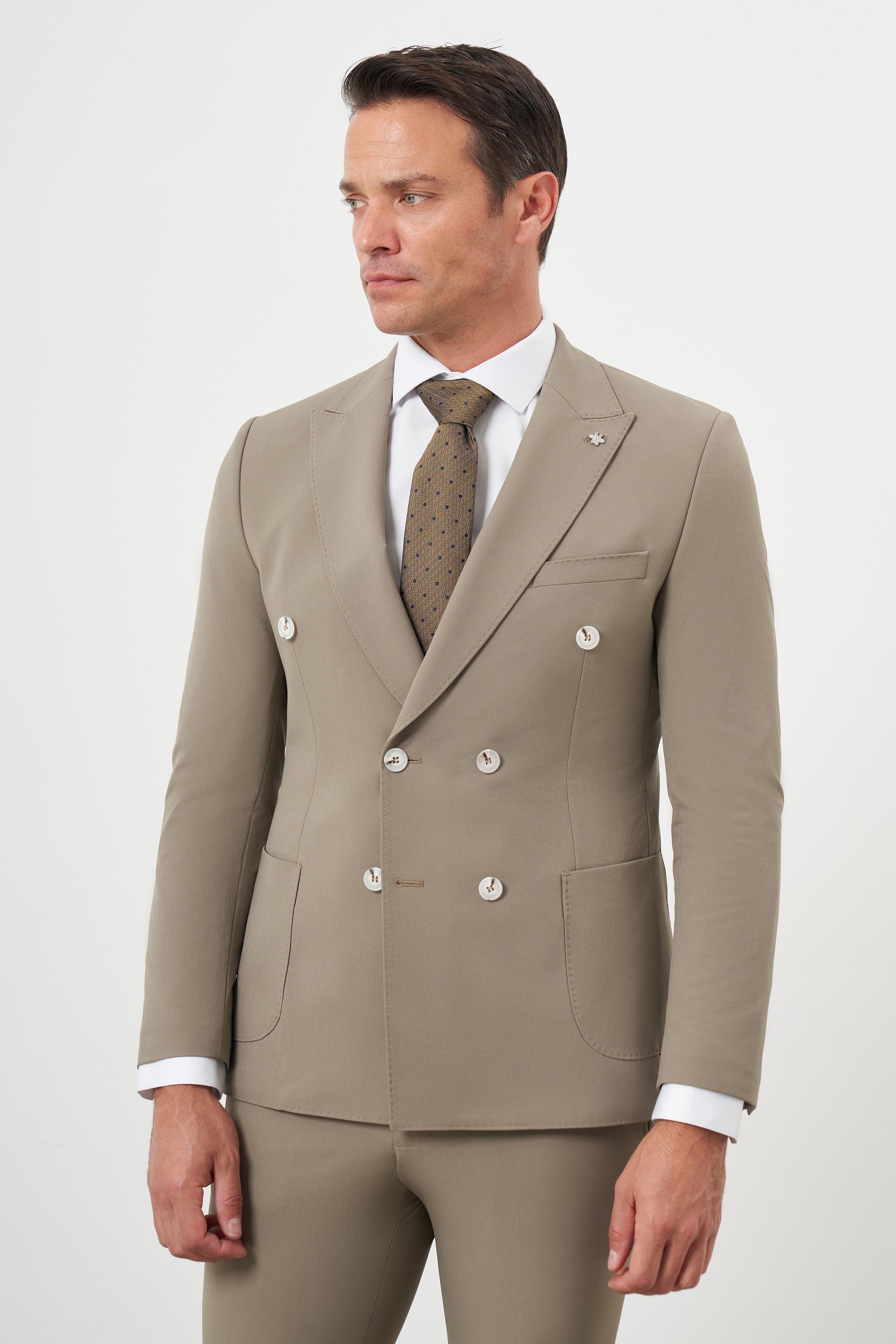 Morven Erkek AÇIK KAHVE Polyamide Trend Kruvaze Slim Fit Sivri Yaka Takım Elbise