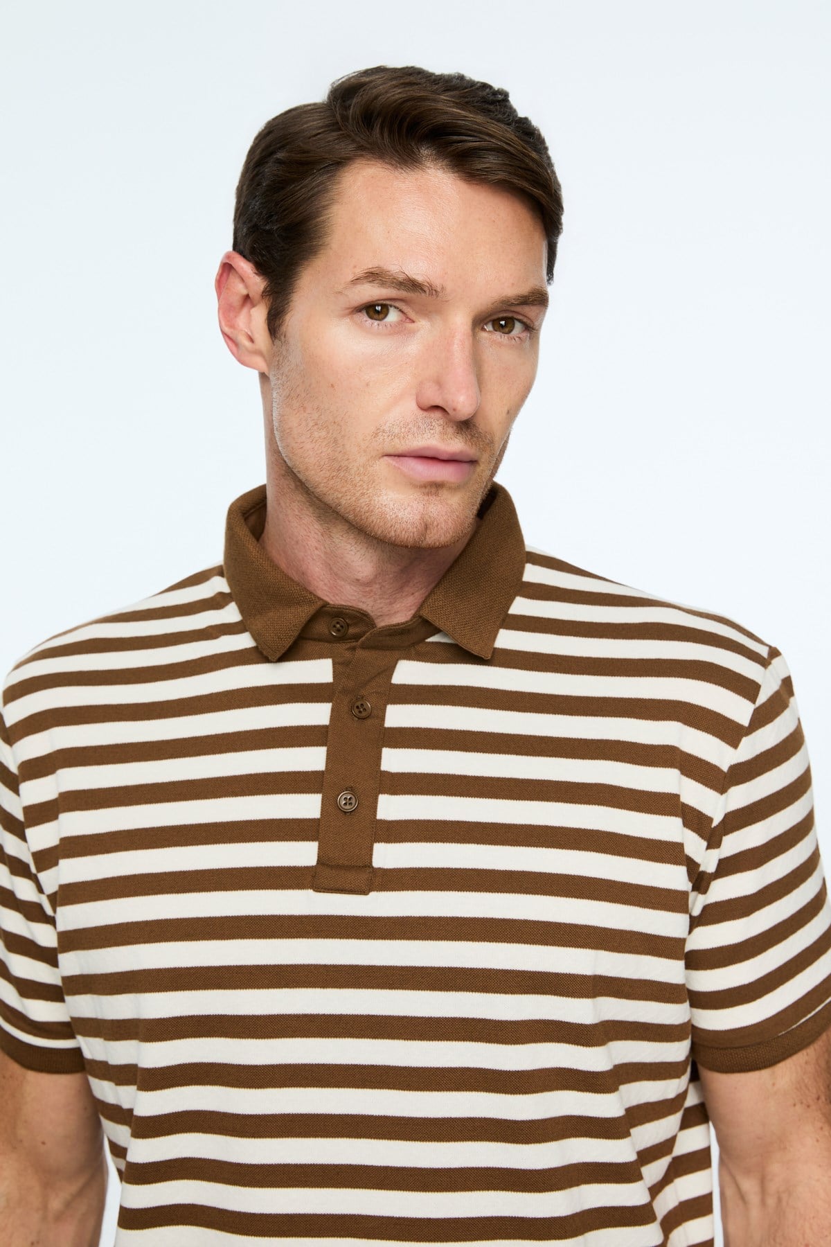 Morven Erkek AÇIK KAHVE Trend Balık Sırtı Çizgili Polo Yaka Dinamik Fit Tshirt