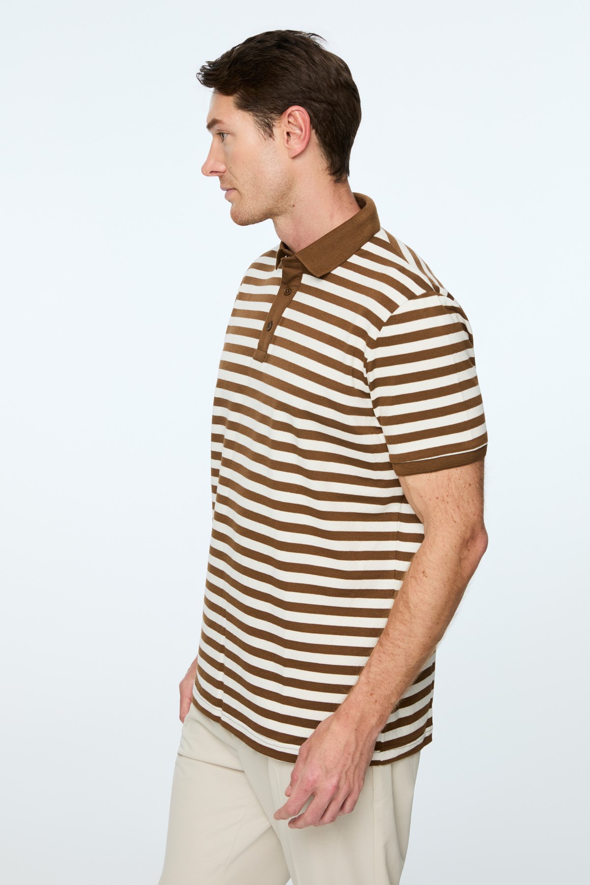 Morven Erkek AÇIK KAHVE Trend Balık Sırtı Çizgili Polo Yaka Dinamik Fit Tshirt