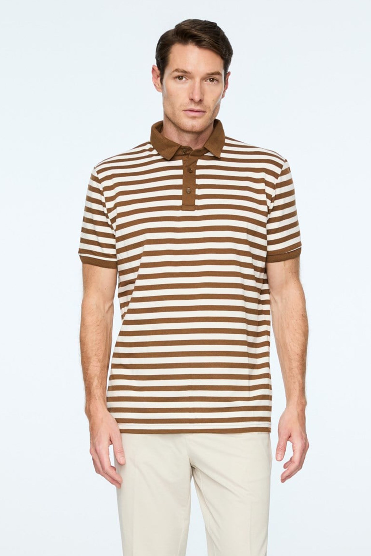 Morven Erkek AÇIK KAHVE Trend Balık Sırtı Çizgili Polo Yaka Dinamik Fit Tshirt