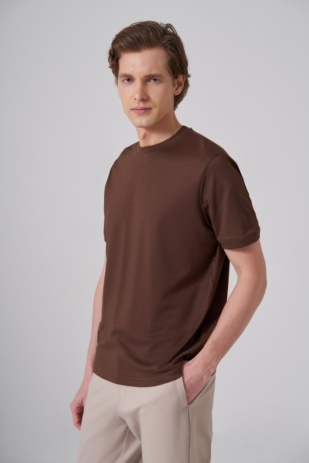 Morven Erkek AÇIK KAHVE Trend Düz Penye  Bisiklet Yaka Tshirt