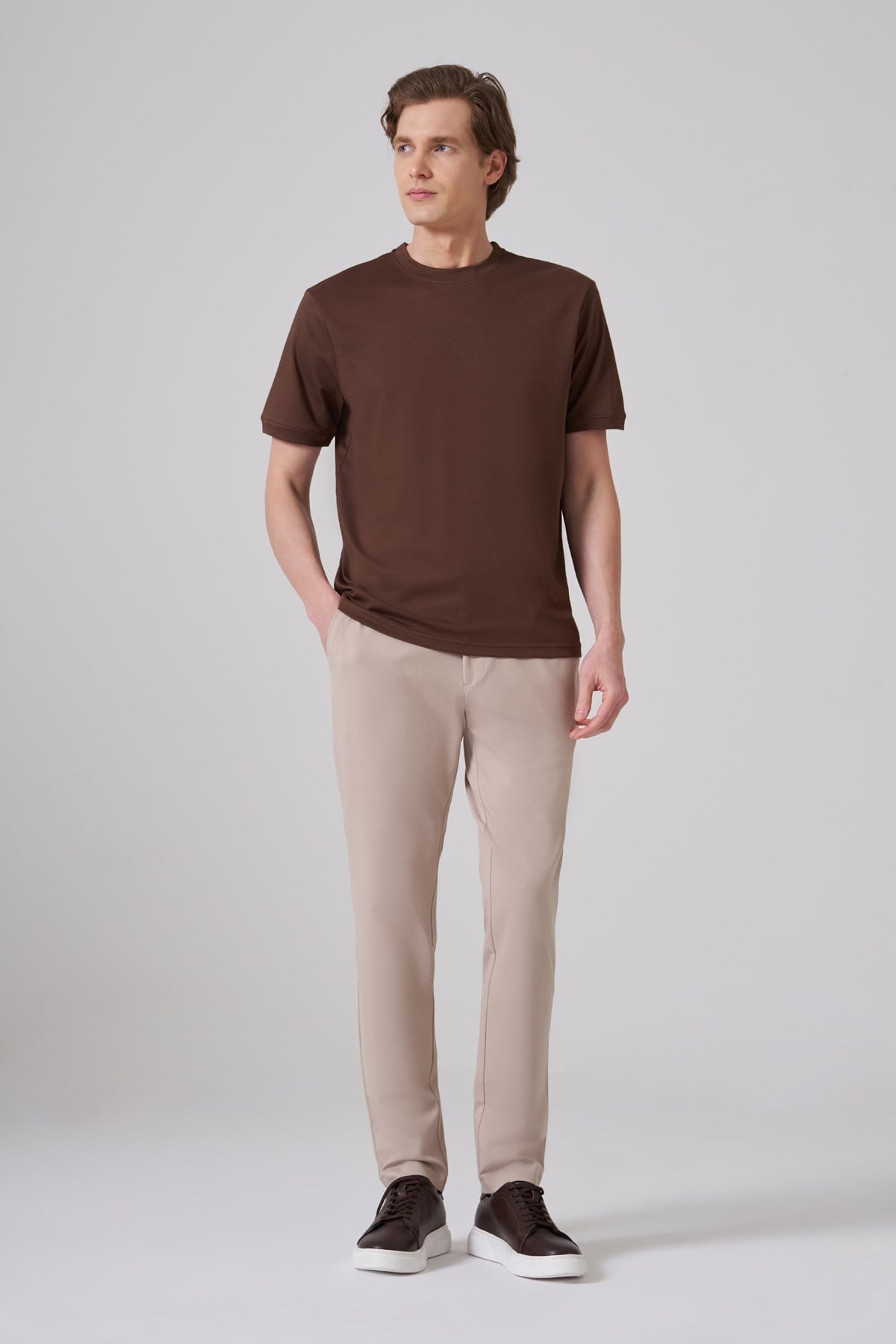 Morven Erkek AÇIK KAHVE Trend Düz Penye  Bisiklet Yaka Tshirt
