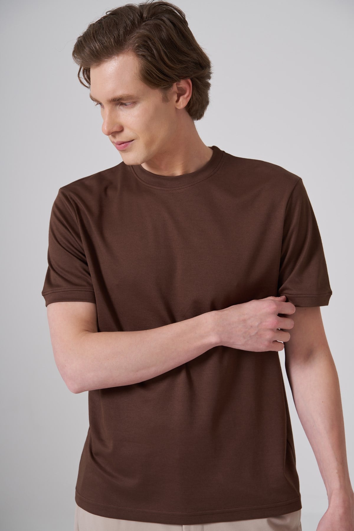 Morven Erkek AÇIK KAHVE Trend Düz Penye  Bisiklet Yaka Tshirt