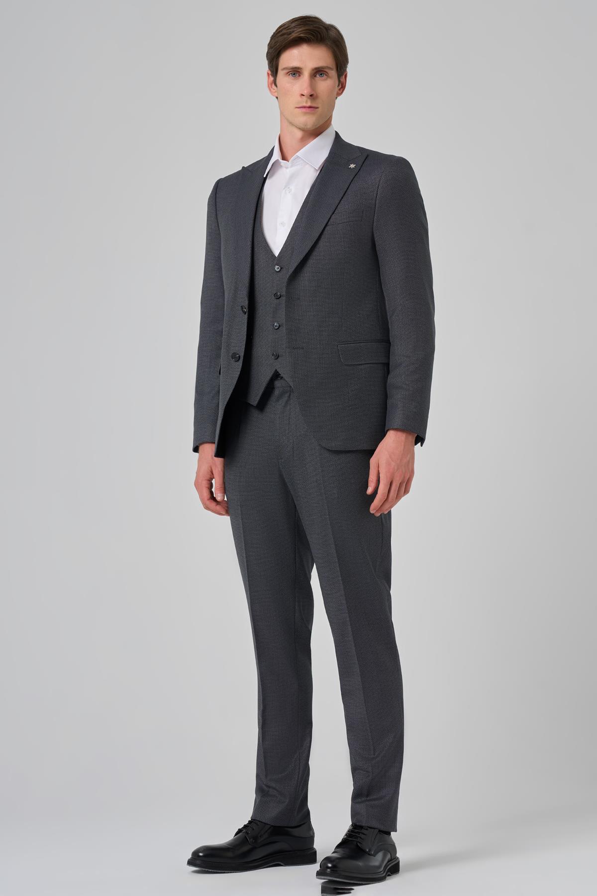 Morven Erkek Antrasit Poliviskon Yelekli Trend Desenli Slim Fit Sivri Yaka Takım Elbise