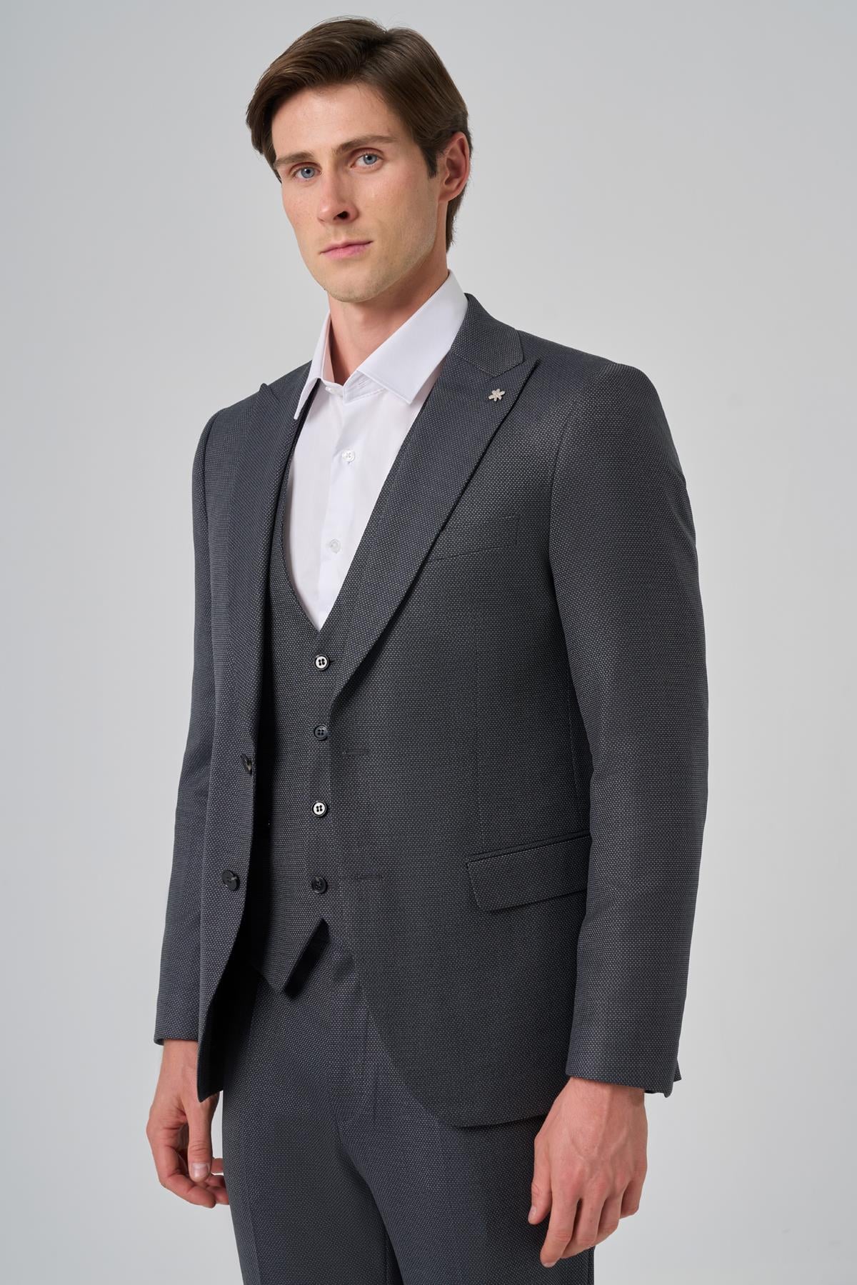 Morven Erkek Antrasit Poliviskon Yelekli Trend Desenli Slim Fit Sivri Yaka Takım Elbise
