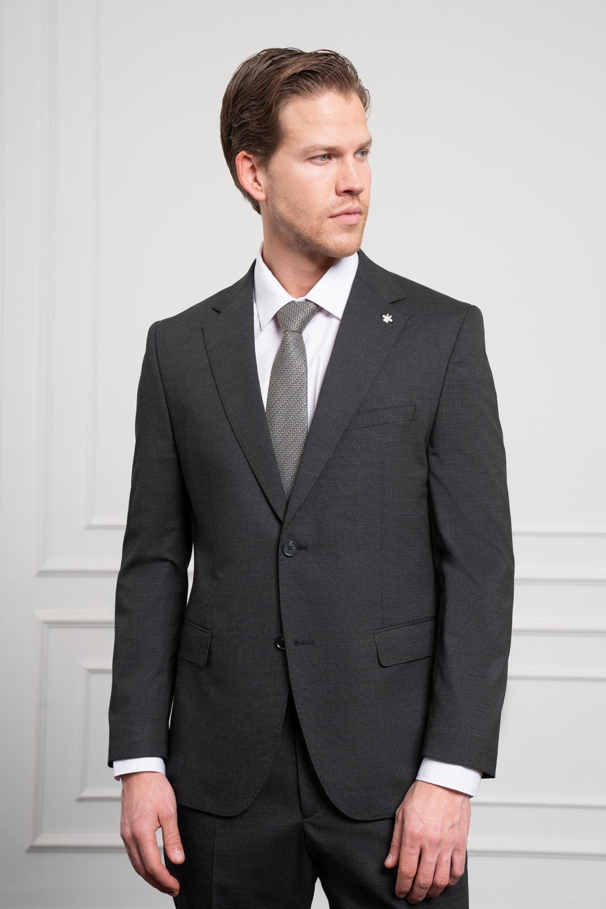 Morven Erkek Antrasit Trend Yünlü Dynamic Fit Rahat Kesim Mono Yaka Takım Elbise