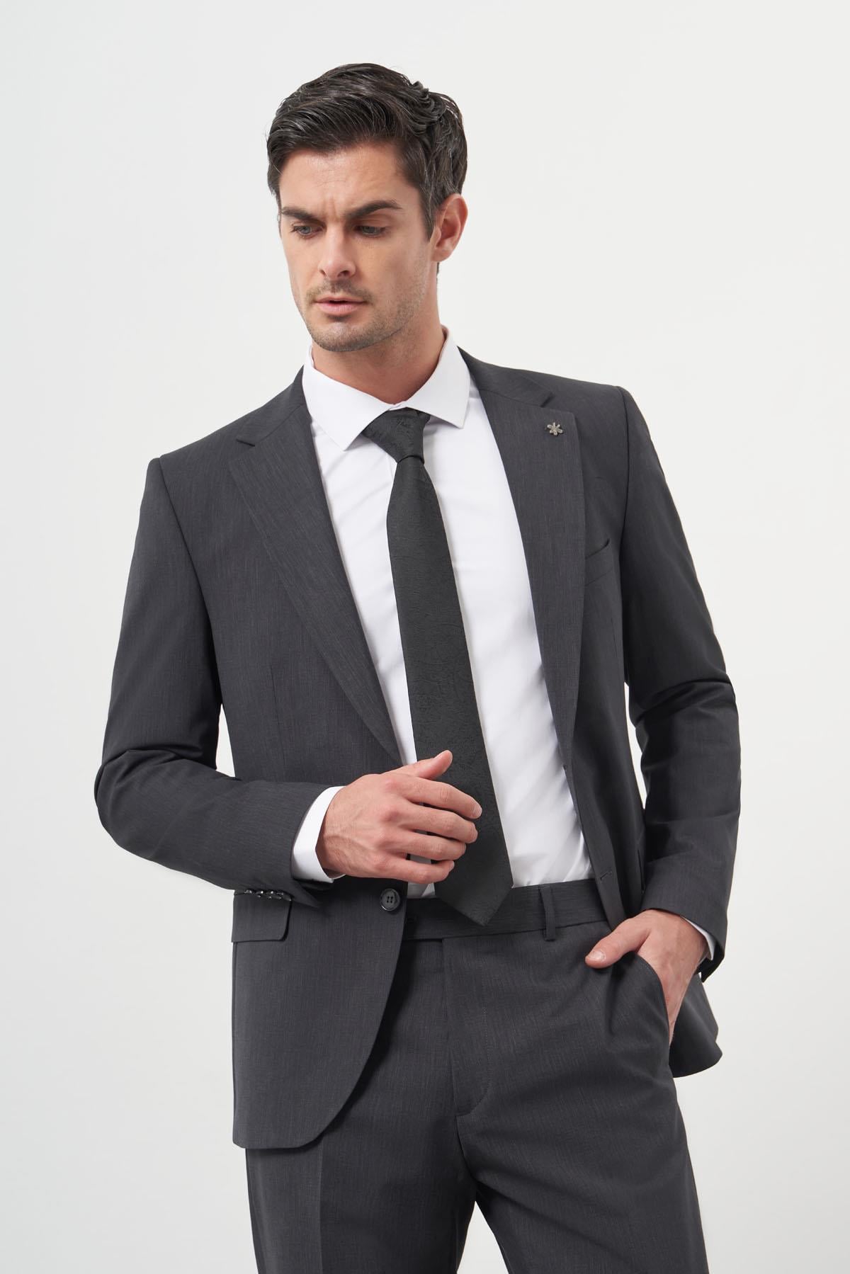 Morven Erkek Antrasit Yün Slim Fit Mono Yaka Takım Elbise
