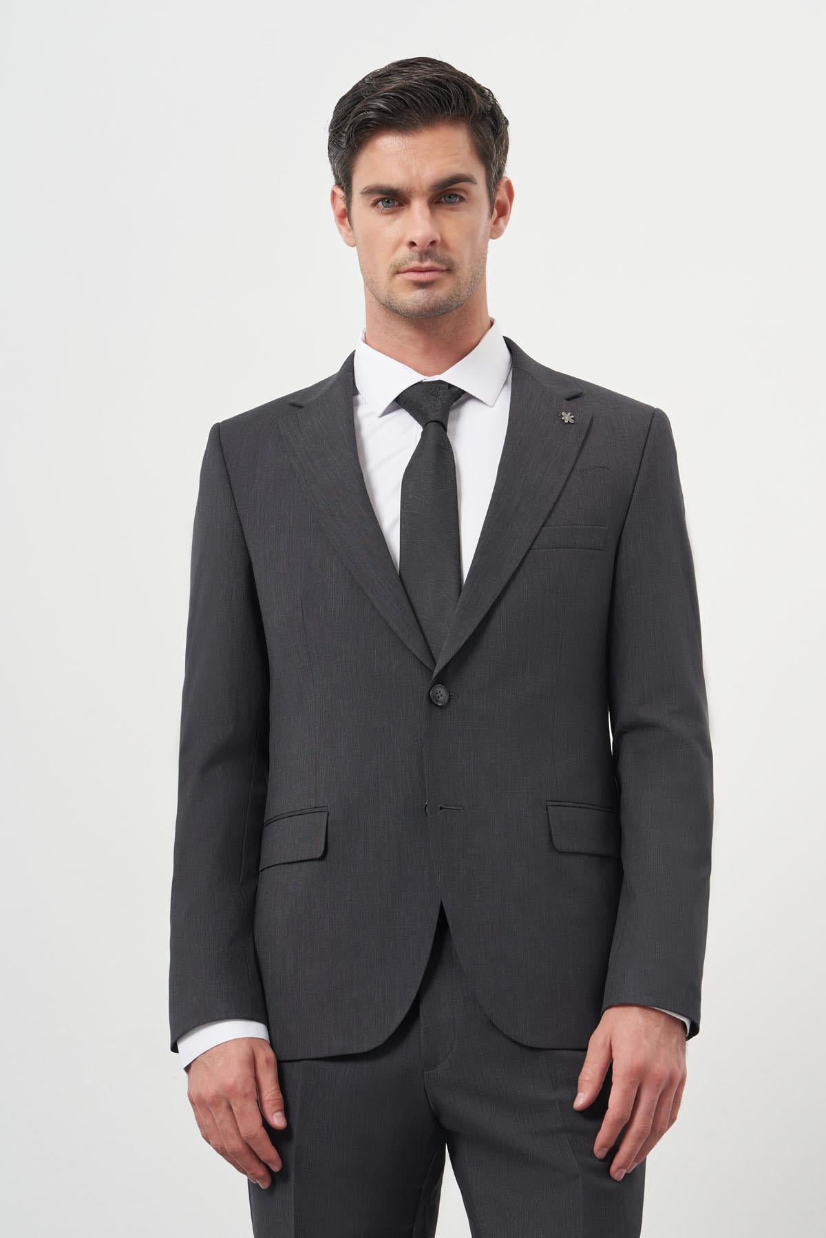 Morven Erkek Antrasit Yün Slim Fit Mono Yaka Takım Elbise