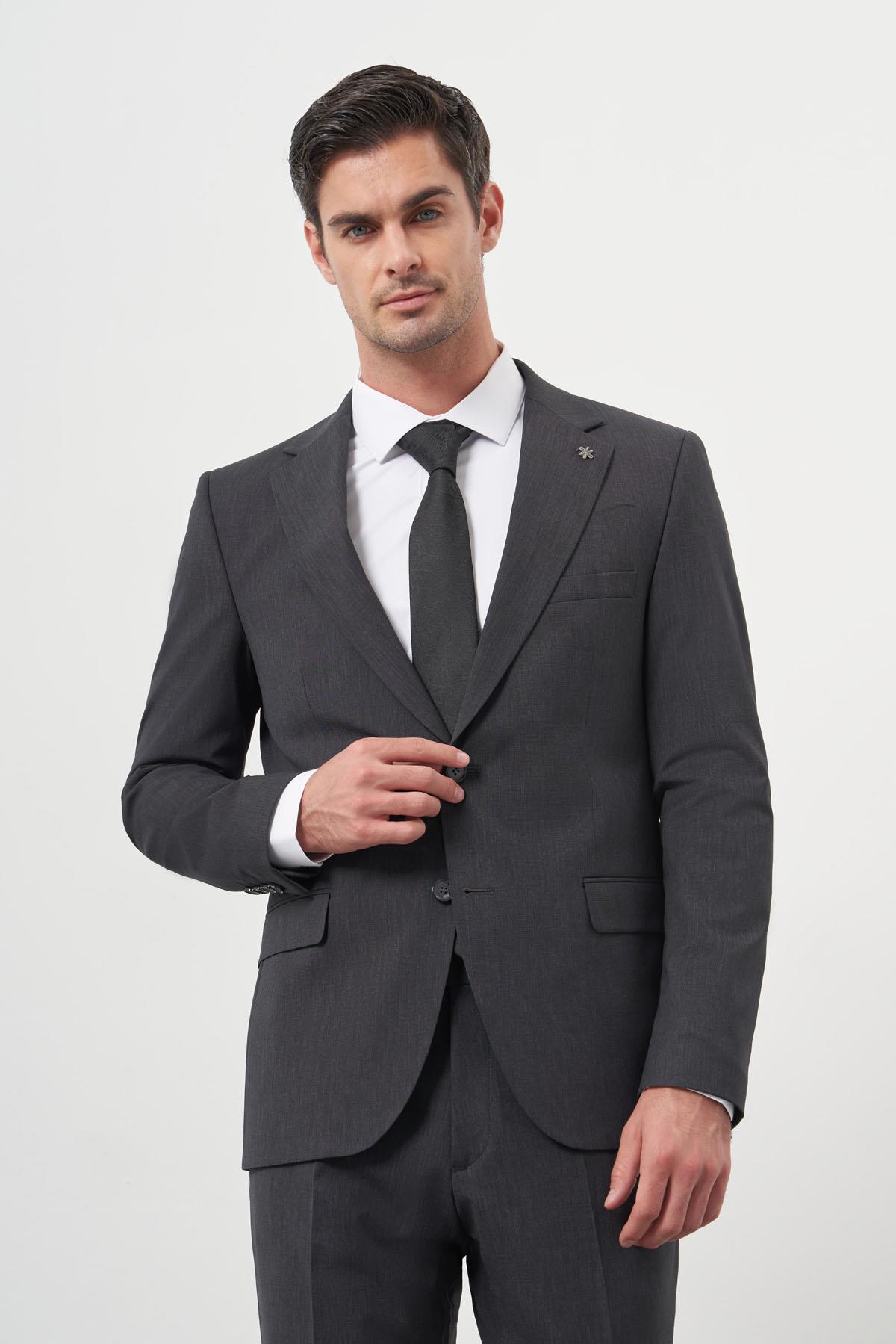 Morven Erkek Antrasit Yün Slim Fit Mono Yaka Takım Elbise