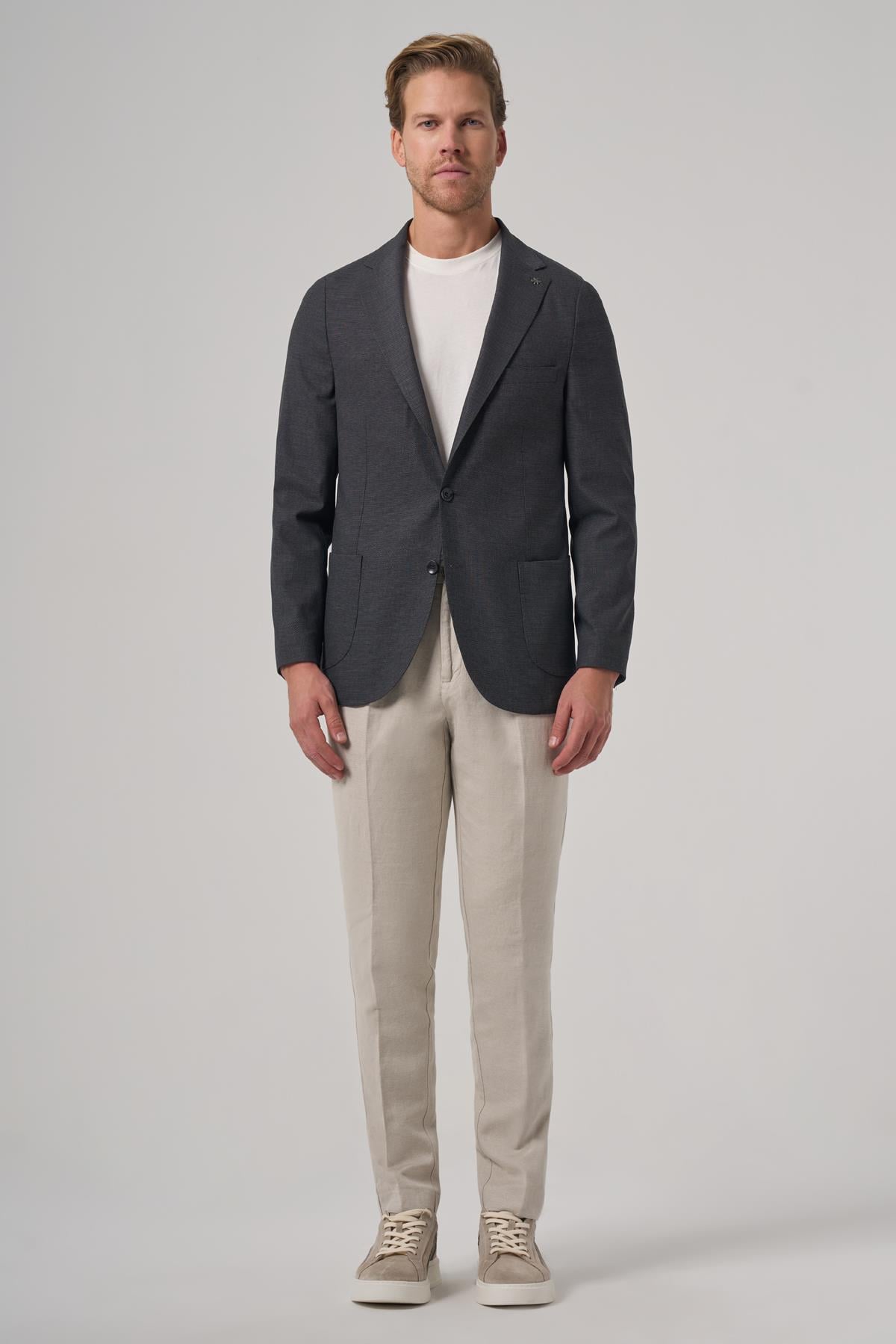 Morven Erkek Antrasit Yünlü Slim Fit Mono Yaka Ceket