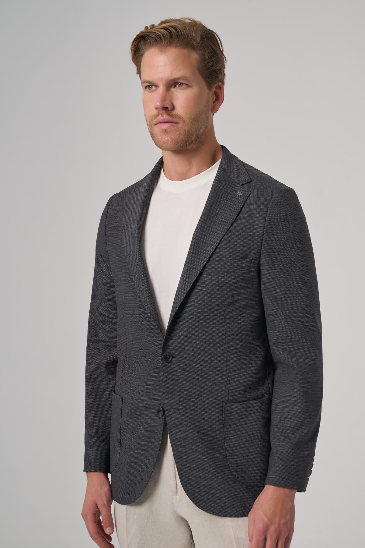 Morven Erkek Antrasit Yünlü Slim Fit Mono Yaka Ceket