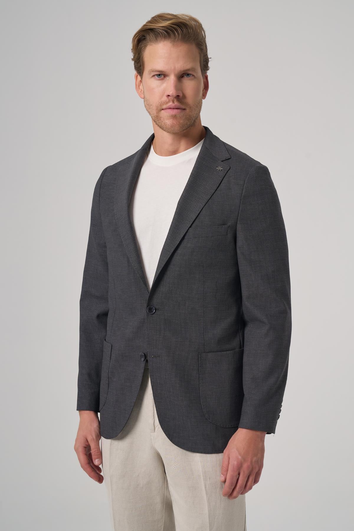 Morven Erkek Antrasit Yünlü Slim Fit Mono Yaka Ceket