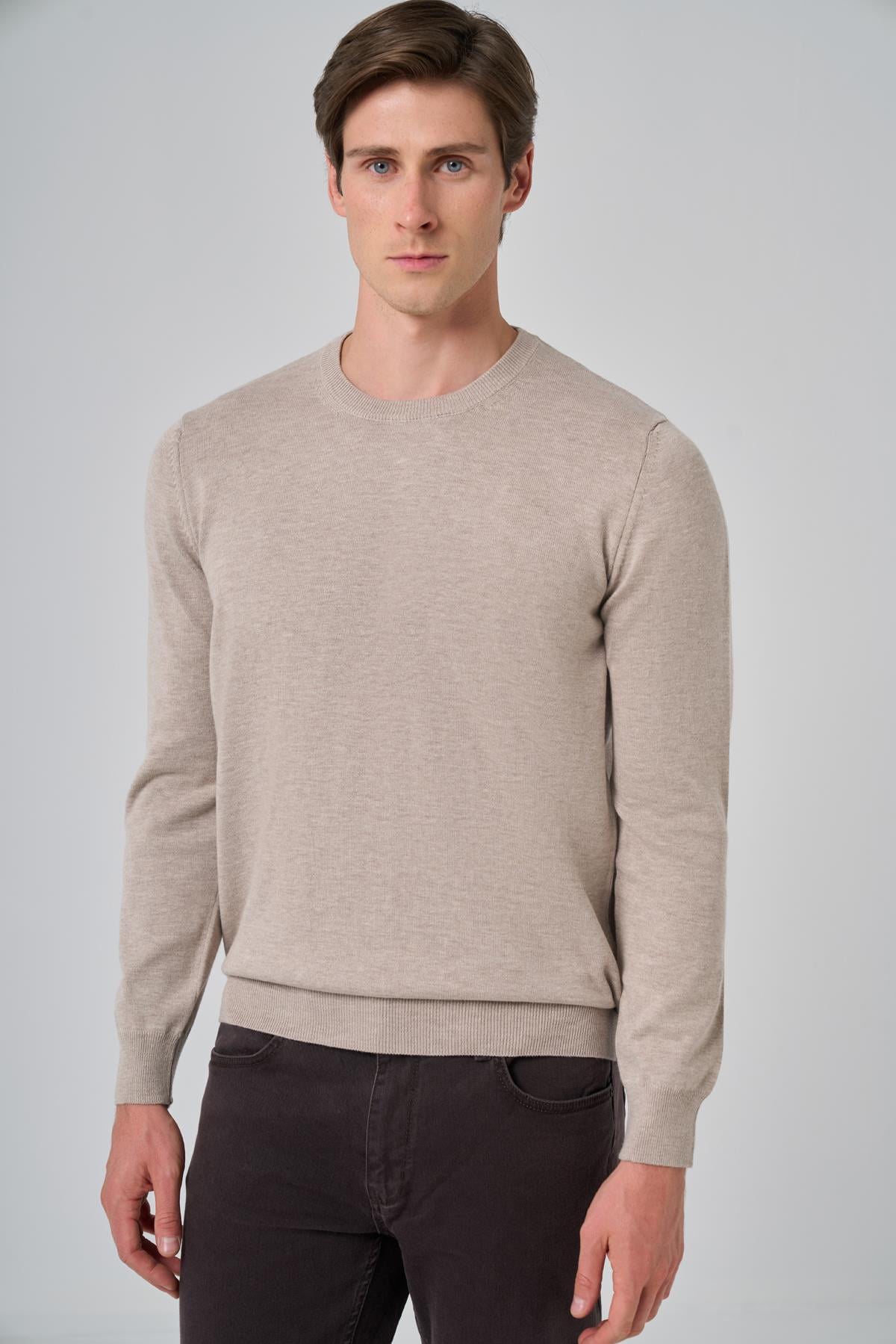 Morven Erkek Bej Basic Bisiklet Yaka Dynamic Fit Rahat Kesim Triko