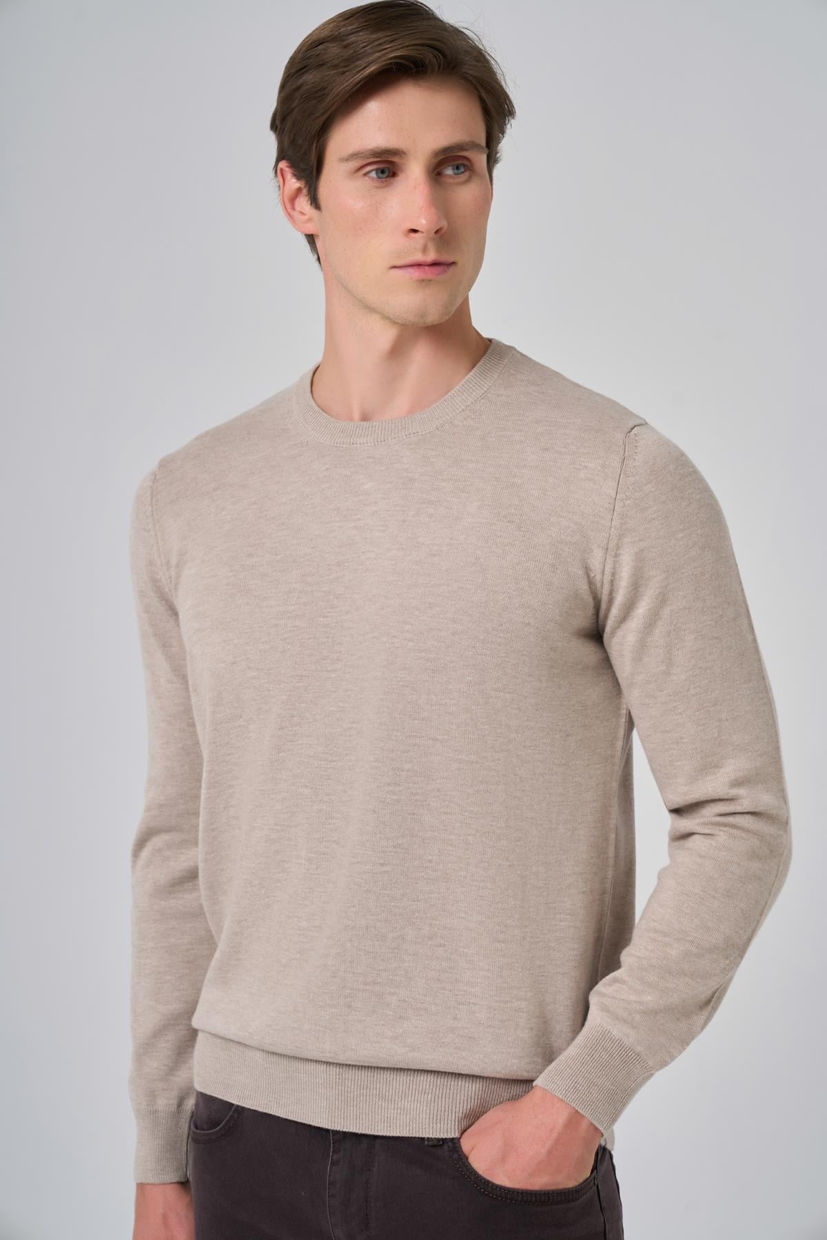 Morven Erkek Bej Basic Bisiklet Yaka Dynamic Fit Rahat Kesim Triko